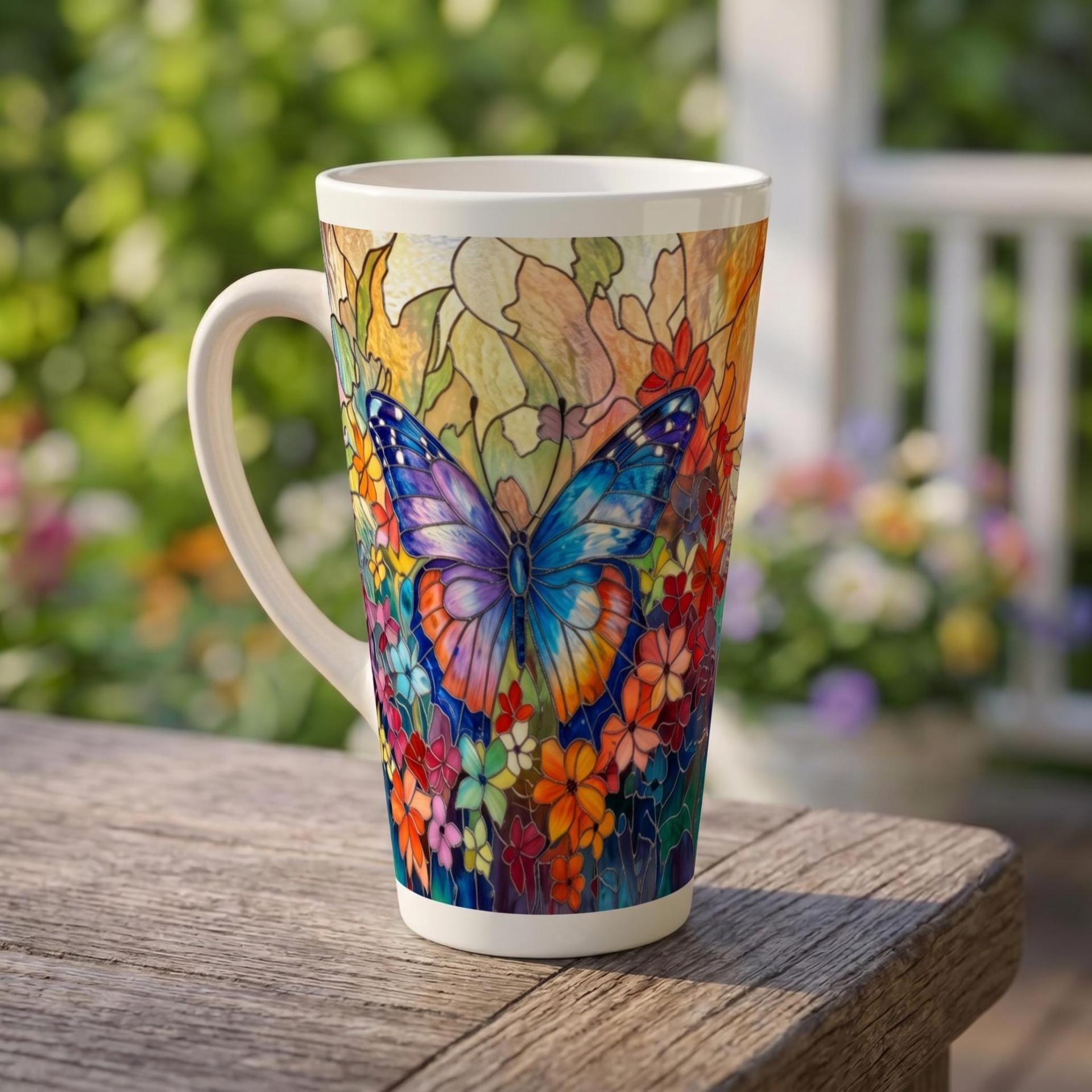 Set of 3 Cups, Butterfly, 17oz Latte Ceramic Mugs Set - Extra Tall Cup Set