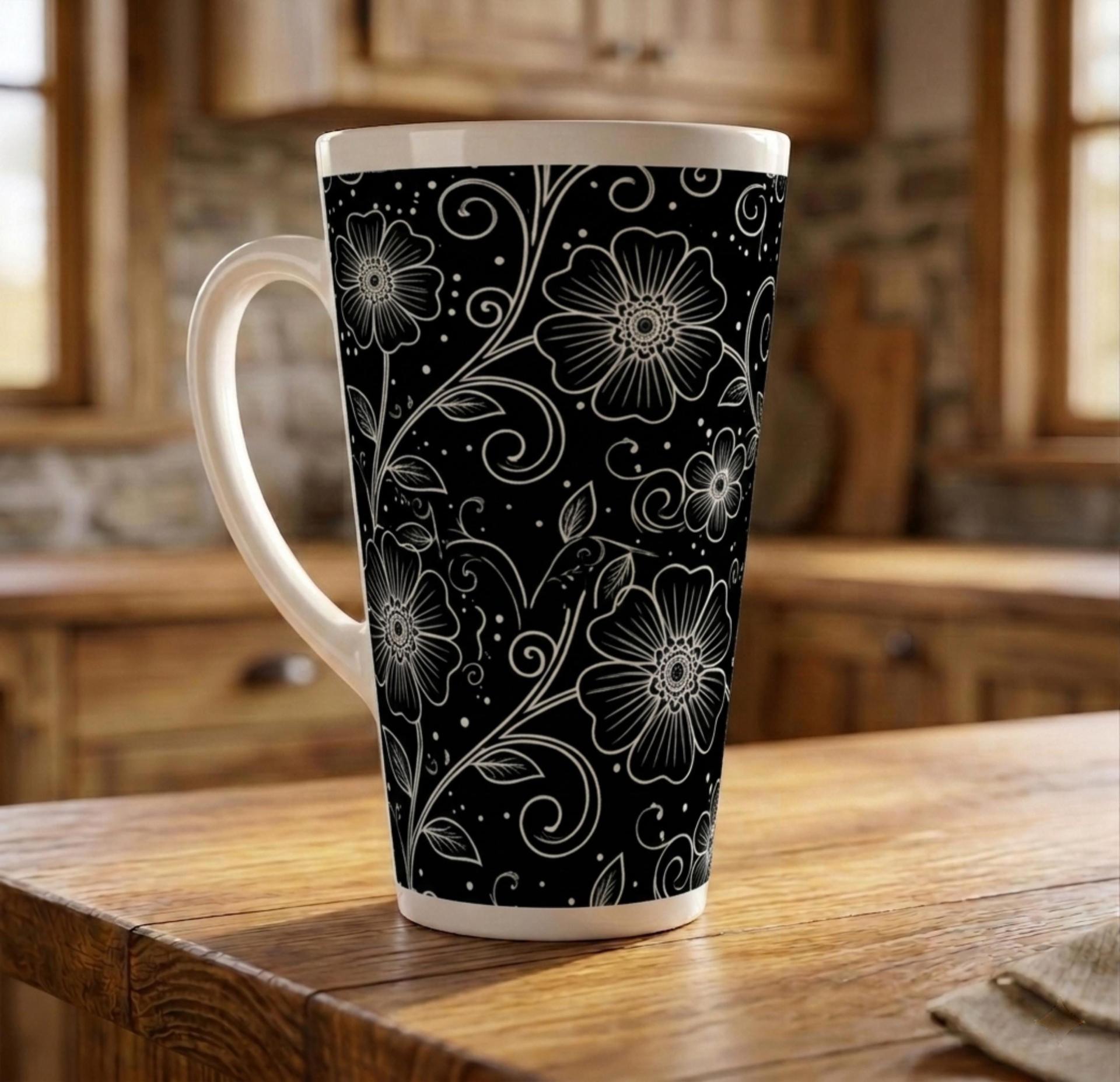 Set of 3 Cups, Floral, Large 17oz Latte Ceramic Mugs - Extra Tall Cup Set