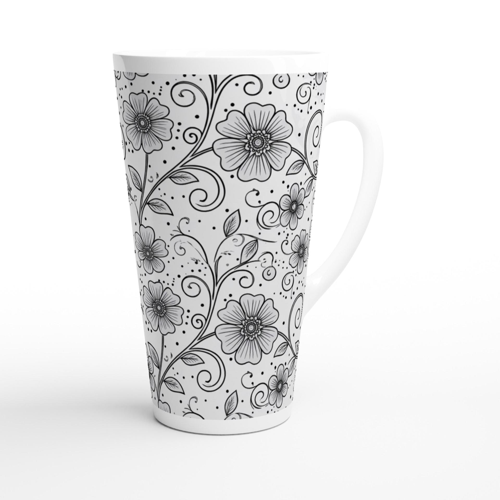 Set of 3 Cups, Floral, Large 17oz Latte Ceramic Mugs - Extra Tall Cup Set