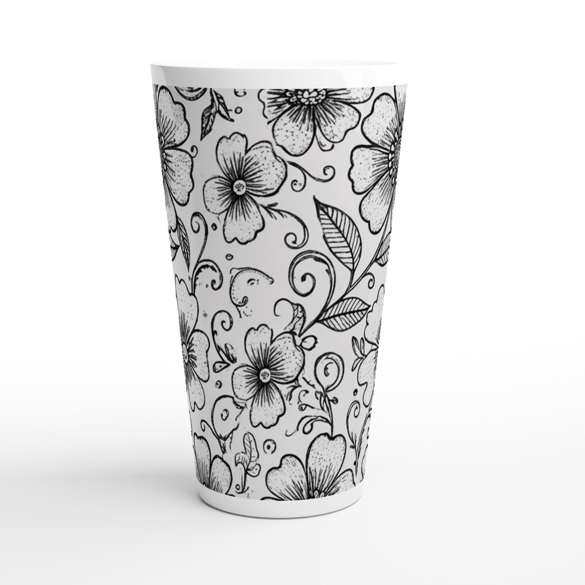 Set of 3 Cups, Floral, Large 17oz Latte Ceramic Mugs - Extra Tall Cup Set