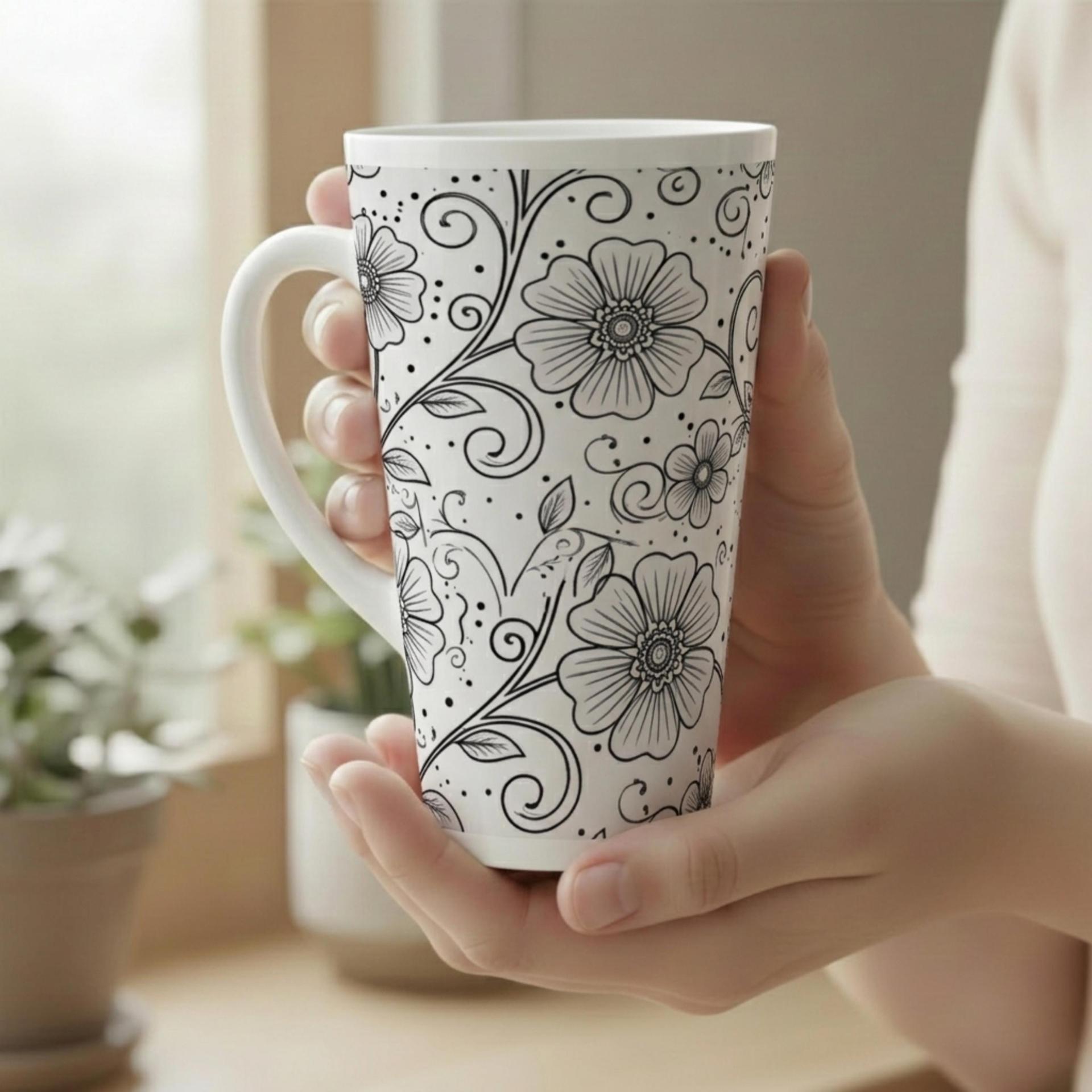 Set of 3 Cups, Floral, Large 17oz Latte Ceramic Mugs - Extra Tall Cup Set