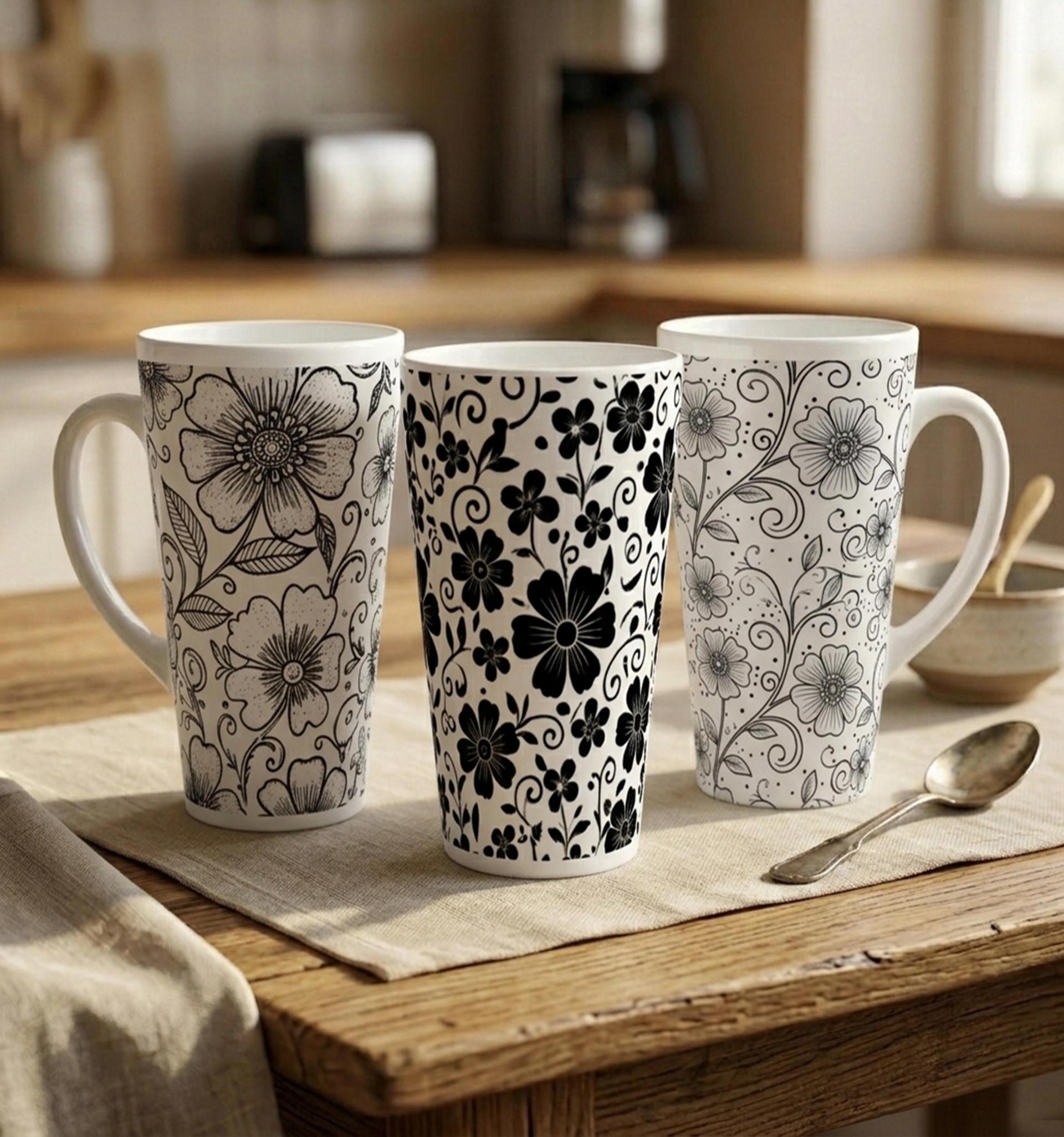 Set of 3 Cups, Floral, Large 17oz Latte Ceramic Mugs - Extra Tall Cup Set