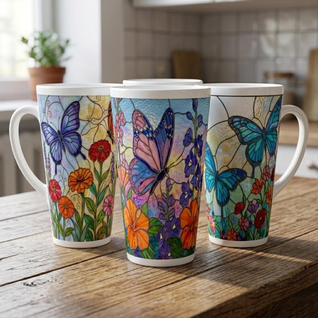 Set of 3 Cups, Butterfly, 17oz Latte Ceramic Mugs Set - Extra Tall Cup Set