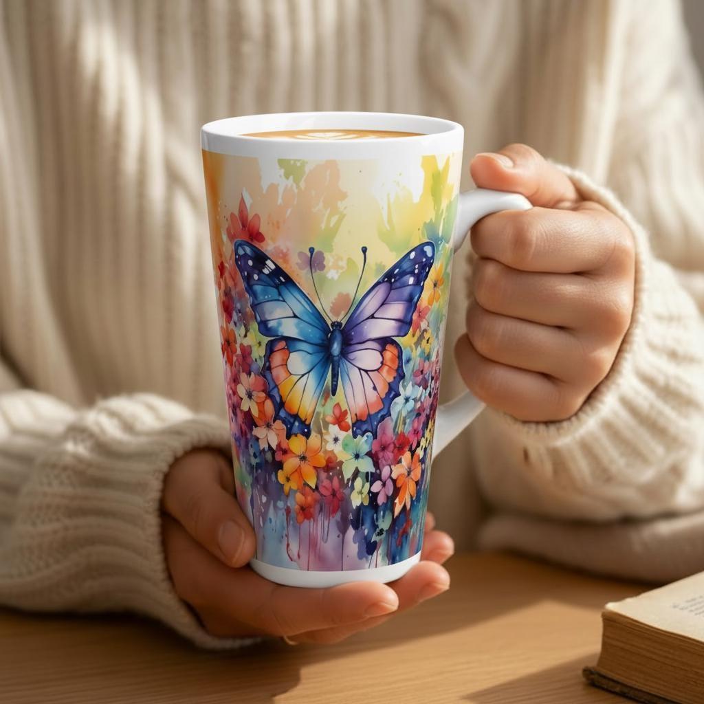 Set of 3 Cups, Butterfly, 17oz Latte Ceramic Mugs Set - Extra Tall Cup Set