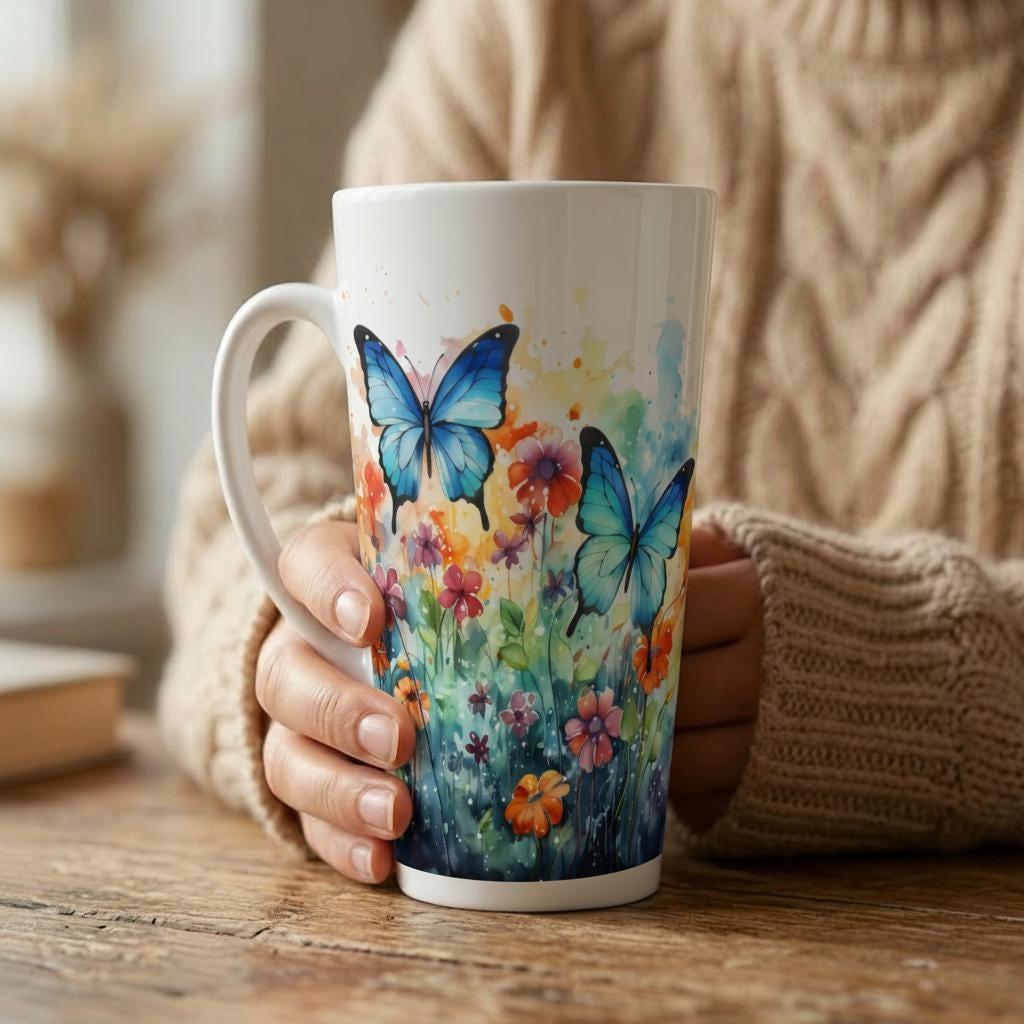 Set of 3 Cups, Butterfly, 17oz Latte Ceramic Mugs Set - Extra Tall Cup Set