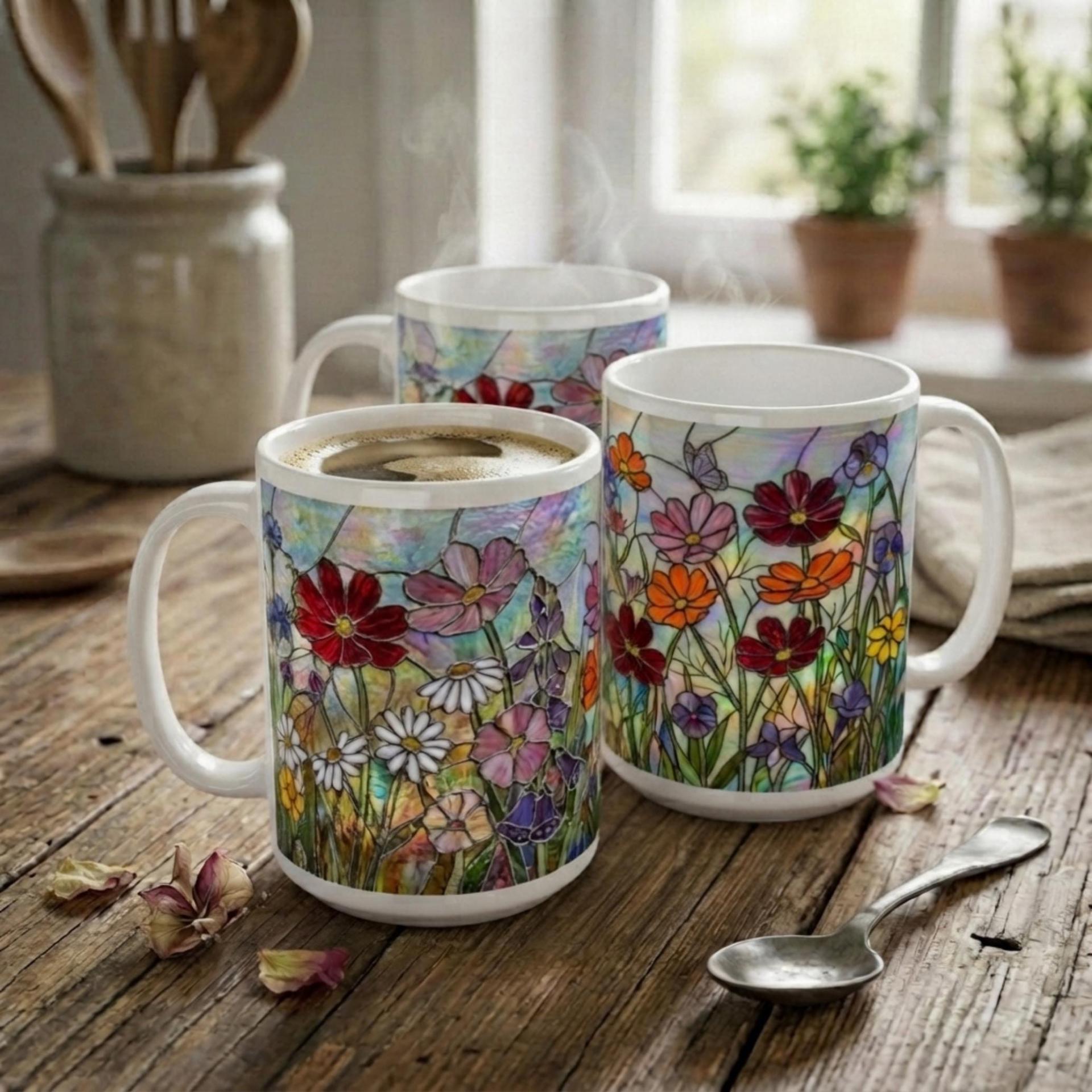 Set of Big Mugs, Floral Cup Set, Large 15 oz Matching Cups