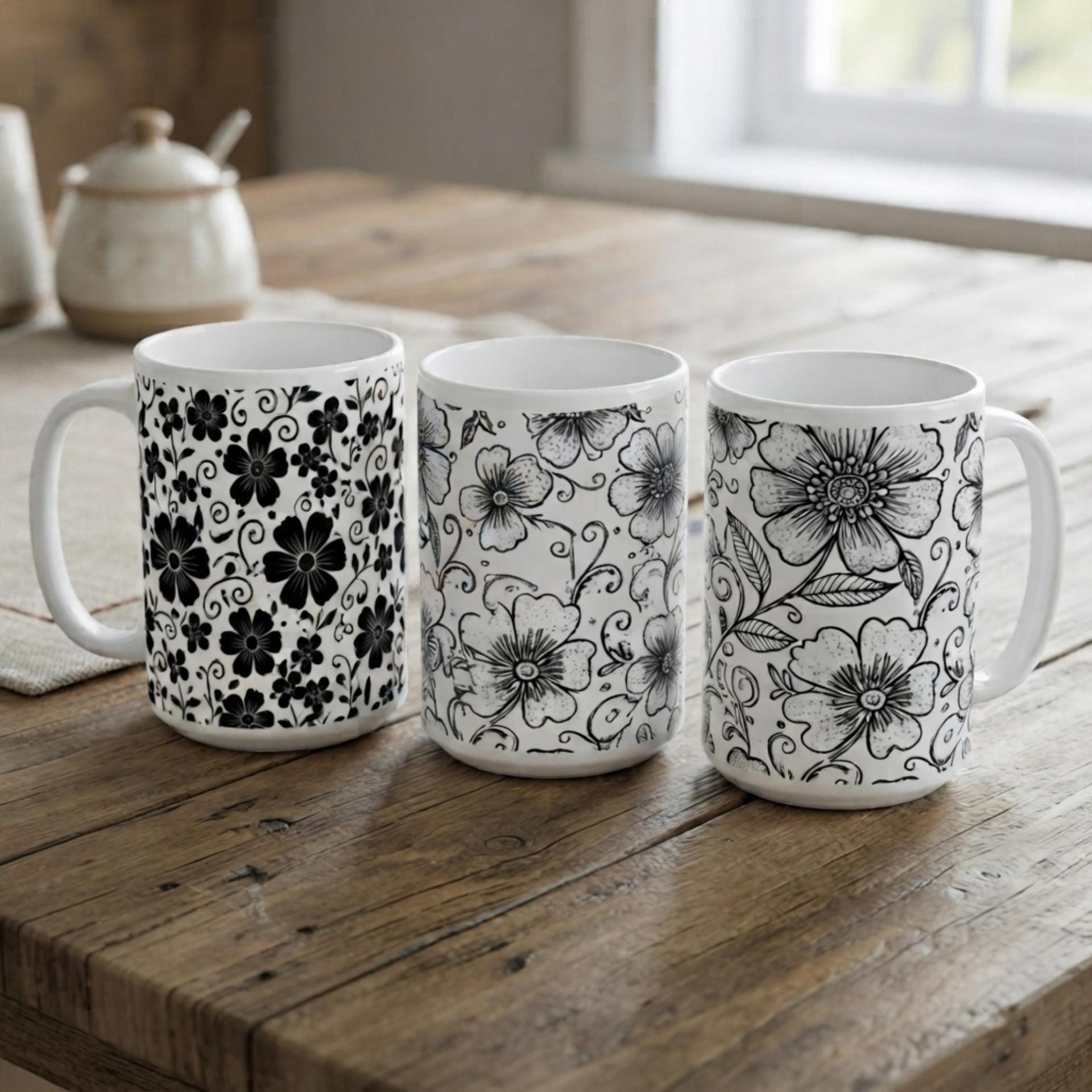 Set of Big Mugs, Floral Cup Set, Large 15 oz Matching Cups