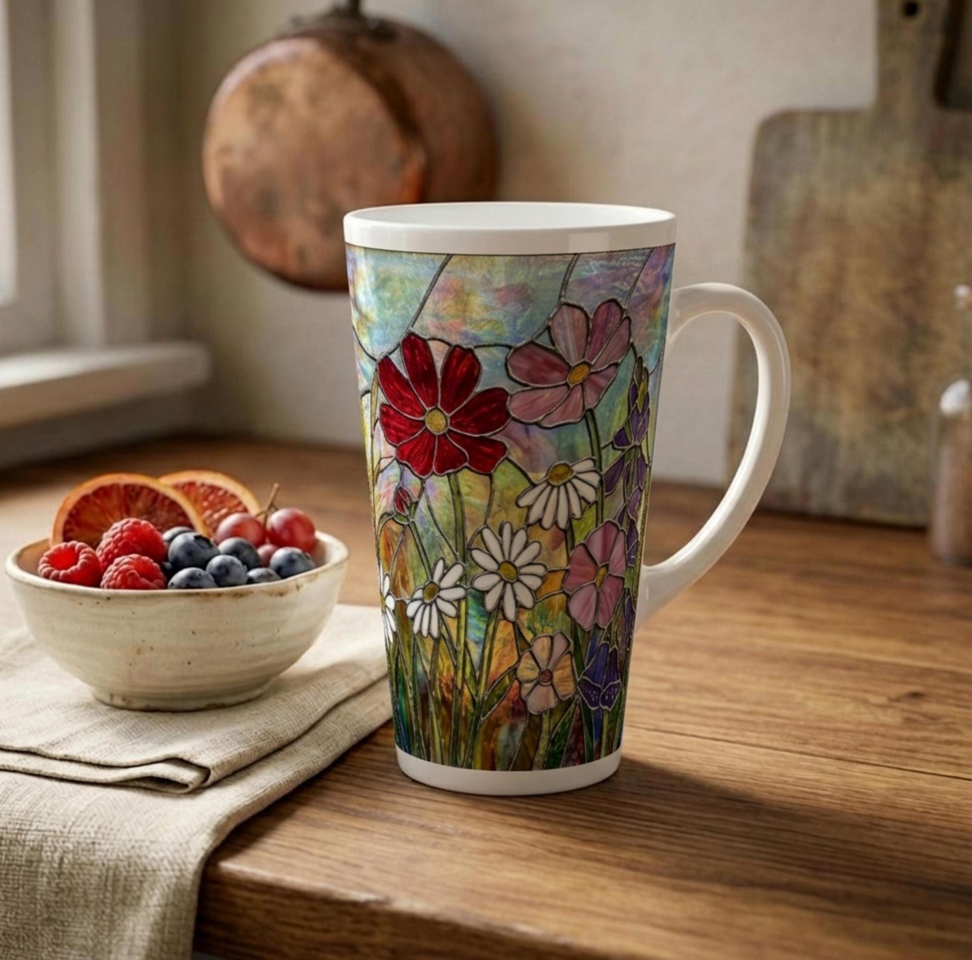 Set of 3 Cups, Floral, Large 17oz Latte Ceramic Mugs - Extra Tall Cup Set