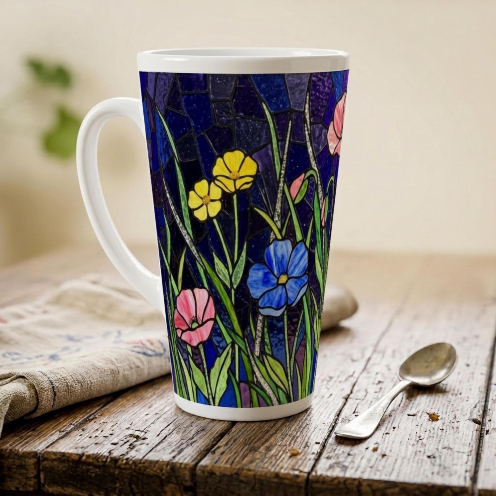 Set of 3 Cups, Floral, Large 17oz Latte Ceramic Mugs - Extra Tall Cup Set