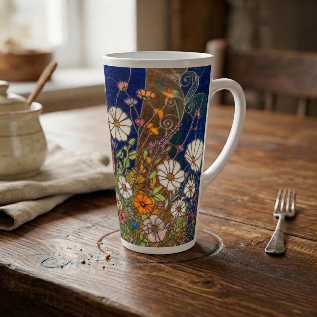 Set of 3 Cups, Floral, Large 17oz Latte Ceramic Mugs - Extra Tall Cup Set
