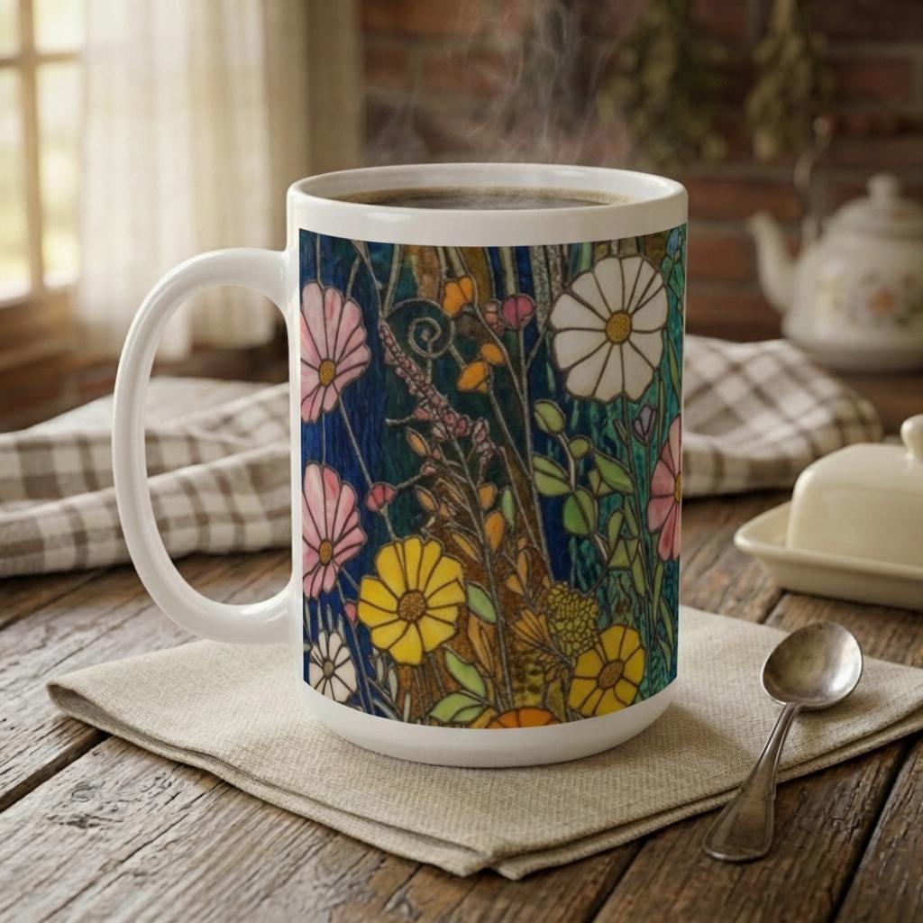 Set of Big Mugs, Floral Cup Set, Large 15 oz Matching Cups