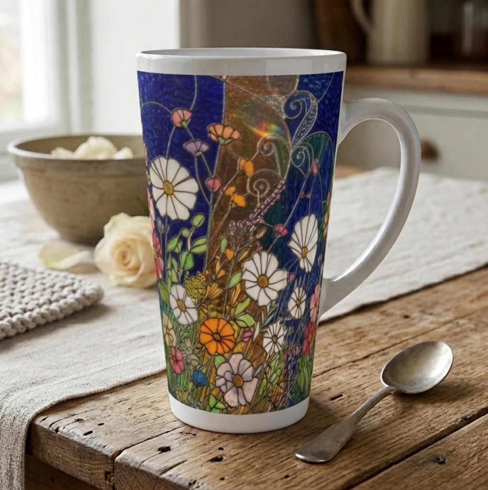 Set of 3 Cups, Floral, Large 17oz Latte Ceramic Mugs - Extra Tall Cup Set