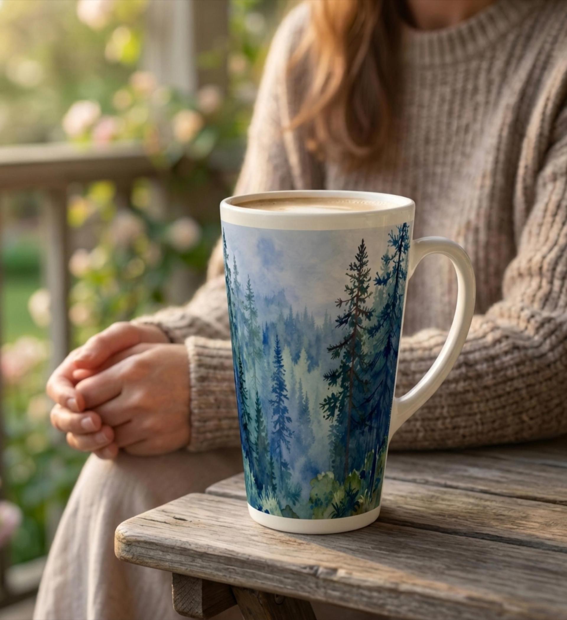 Set of 4 Cups, Forest, Large 17oz Latte Ceramic Mugs - Extra Tall Cup Set