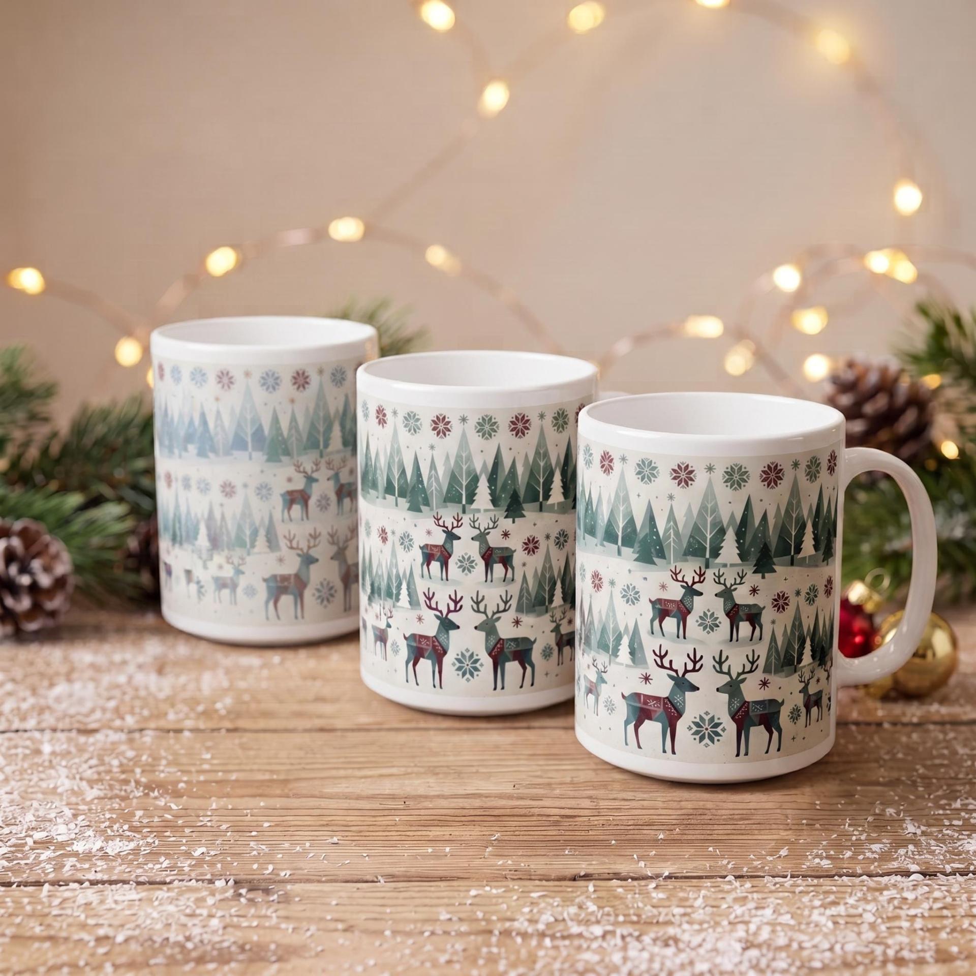 Set of Big Mugs, Christmas Mugs, Reindeer, Large 15 oz Matching Cups