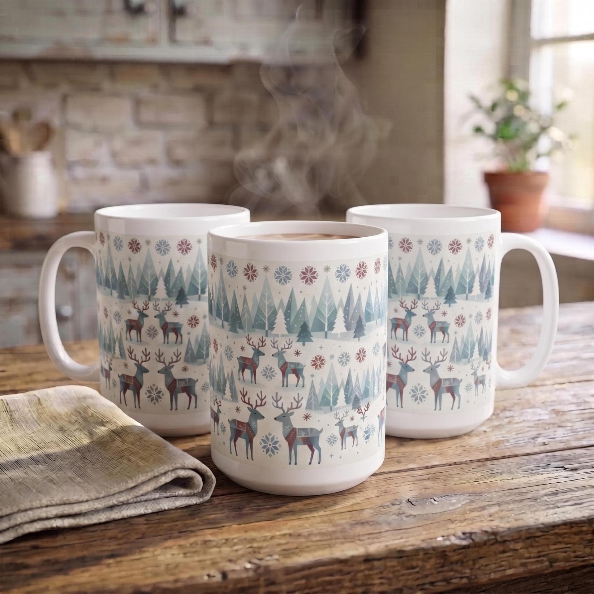 Set of Big Mugs, Christmas Mugs, Reindeer, Large 15 oz Matching Cups