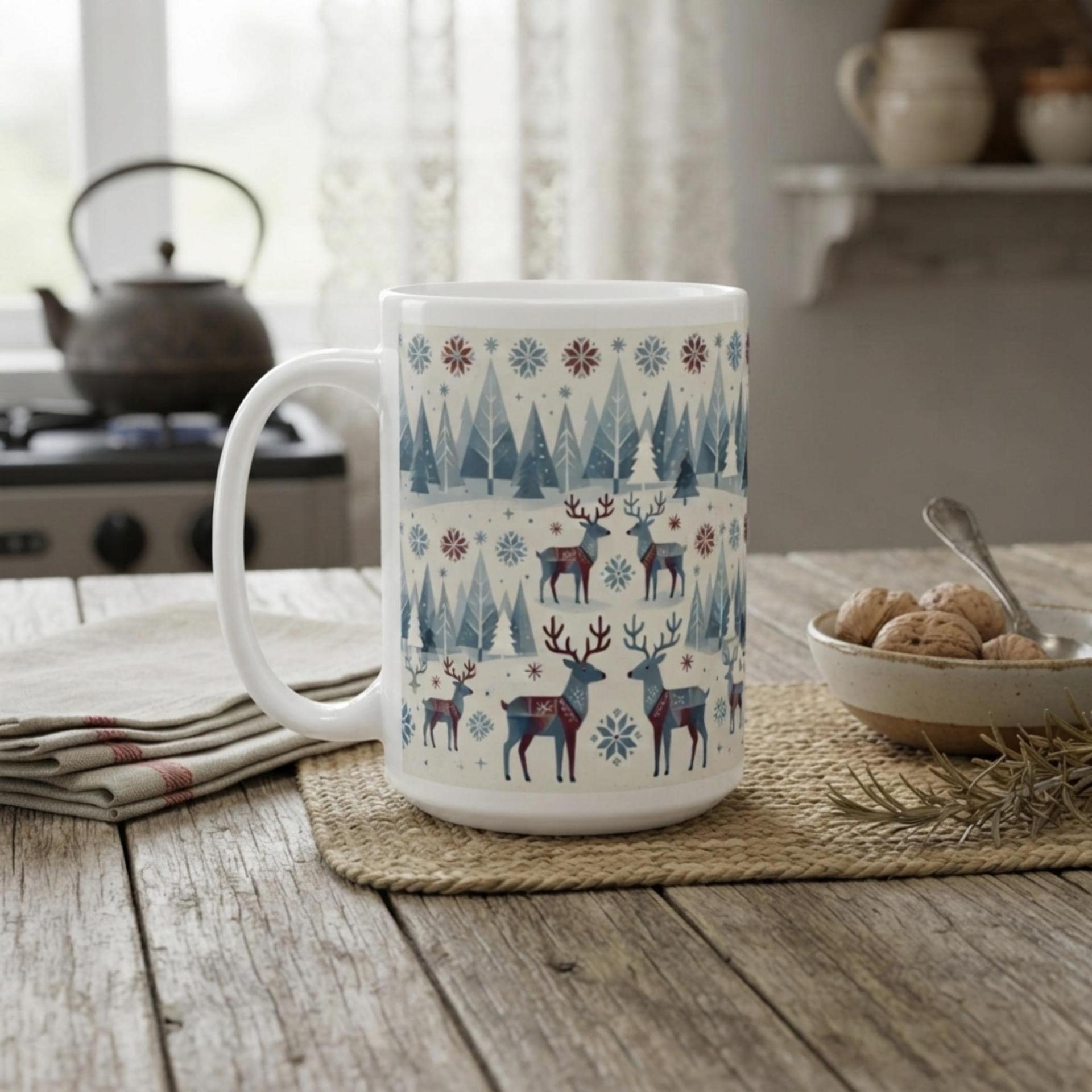 Set of Big Mugs, Christmas Mugs, Reindeer, Large 15 oz Matching Cups