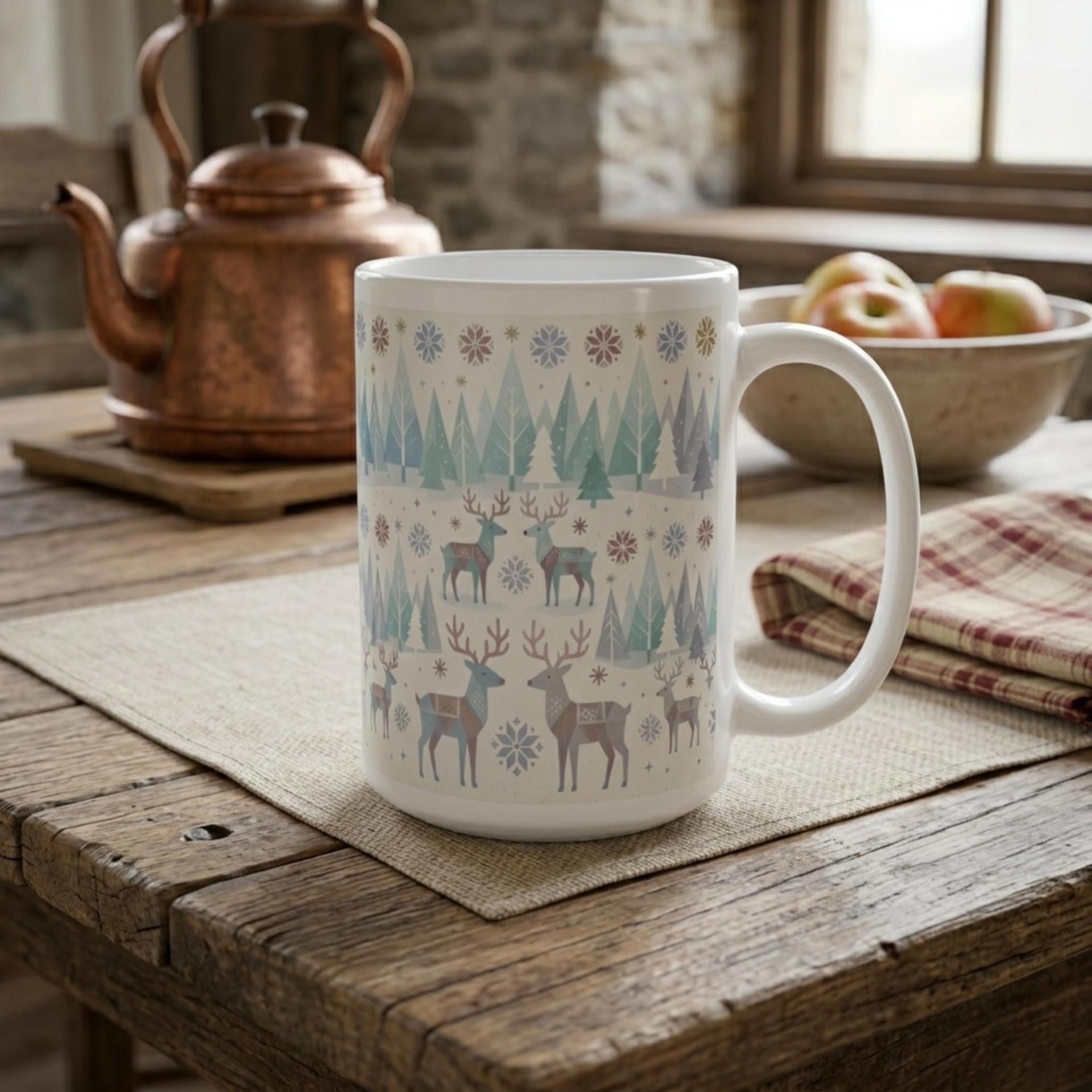 Set of Big Mugs, Christmas Mugs, Reindeer, Large 15 oz Matching Cups