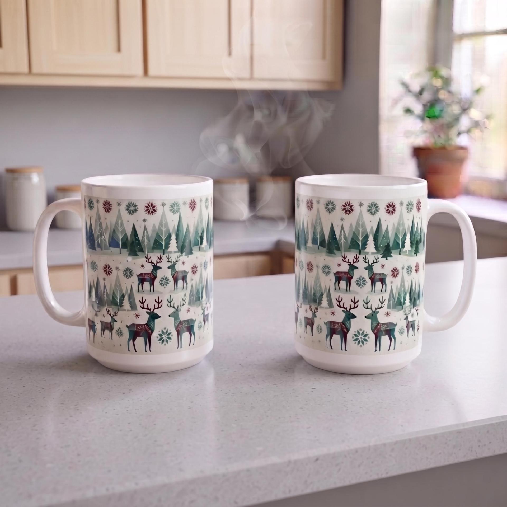 Set of Big Mugs, Christmas Mugs, Reindeer, Large 15 oz Matching Cups
