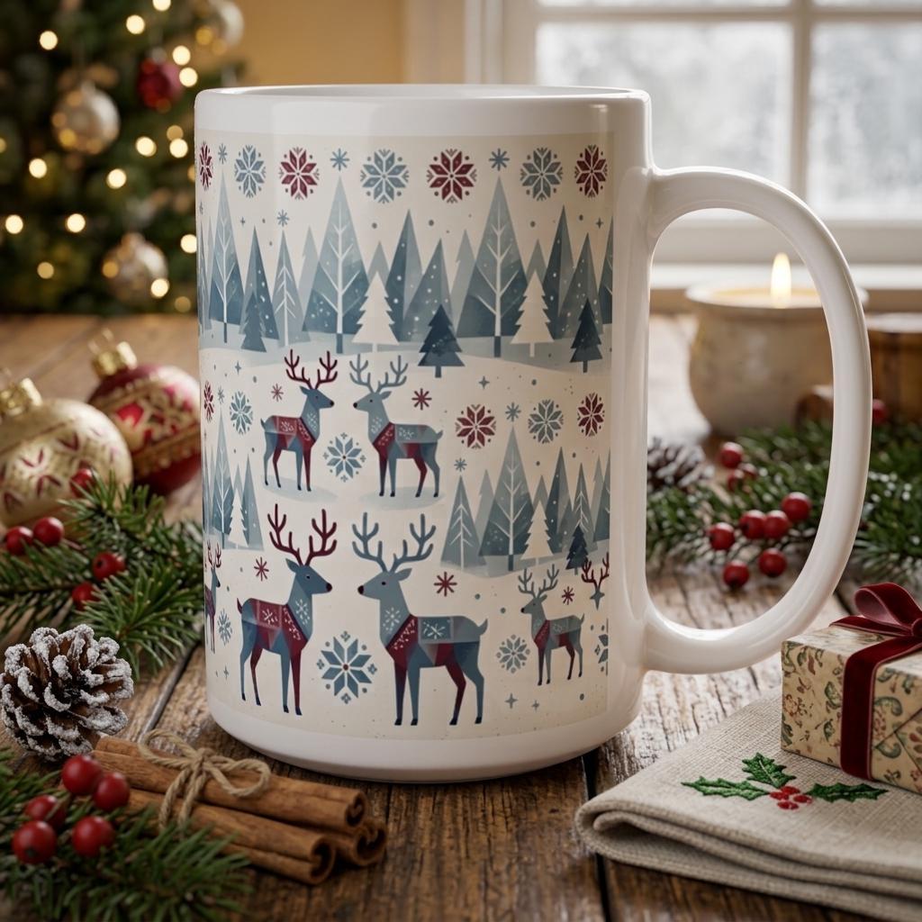 Set of Big Mugs, Christmas Mugs, Reindeer, Large 15 oz Matching Cups