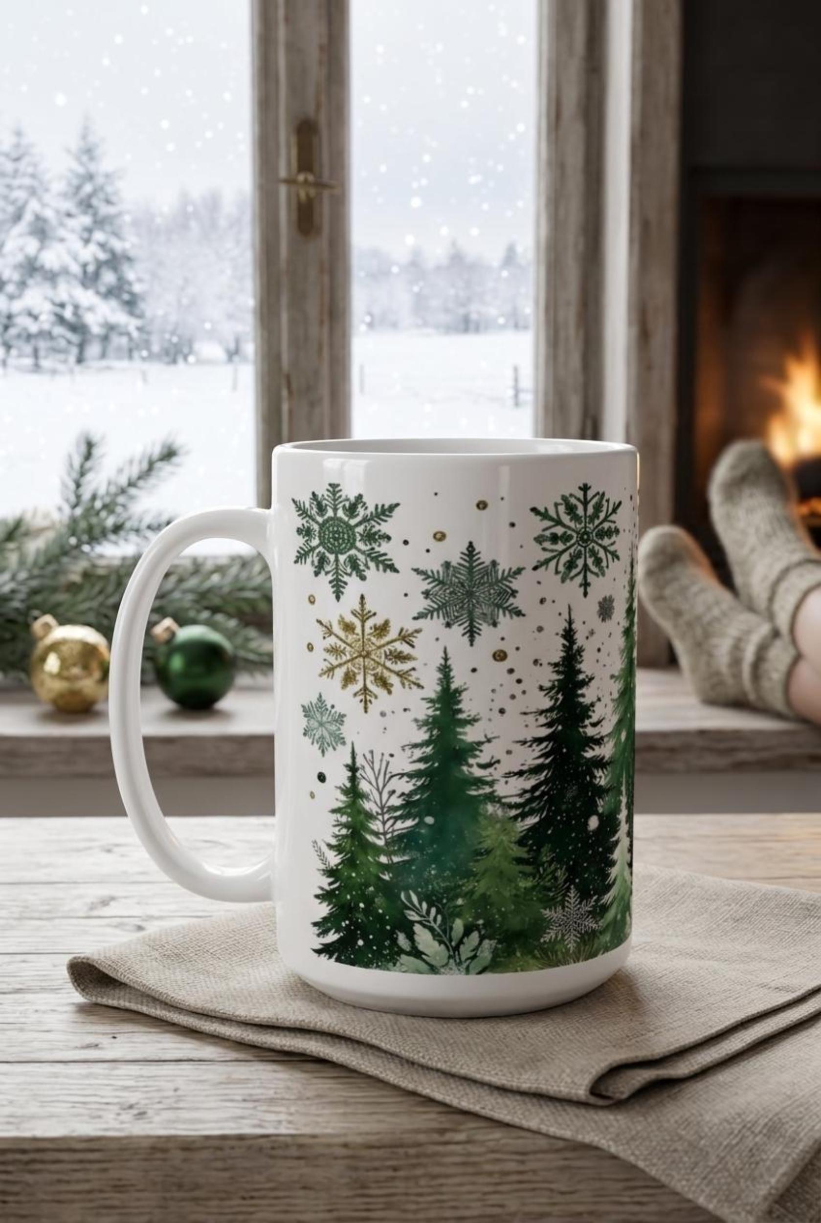 Set of Big Mugs, Christmas Trees Set, Large 15 oz Matching Cups