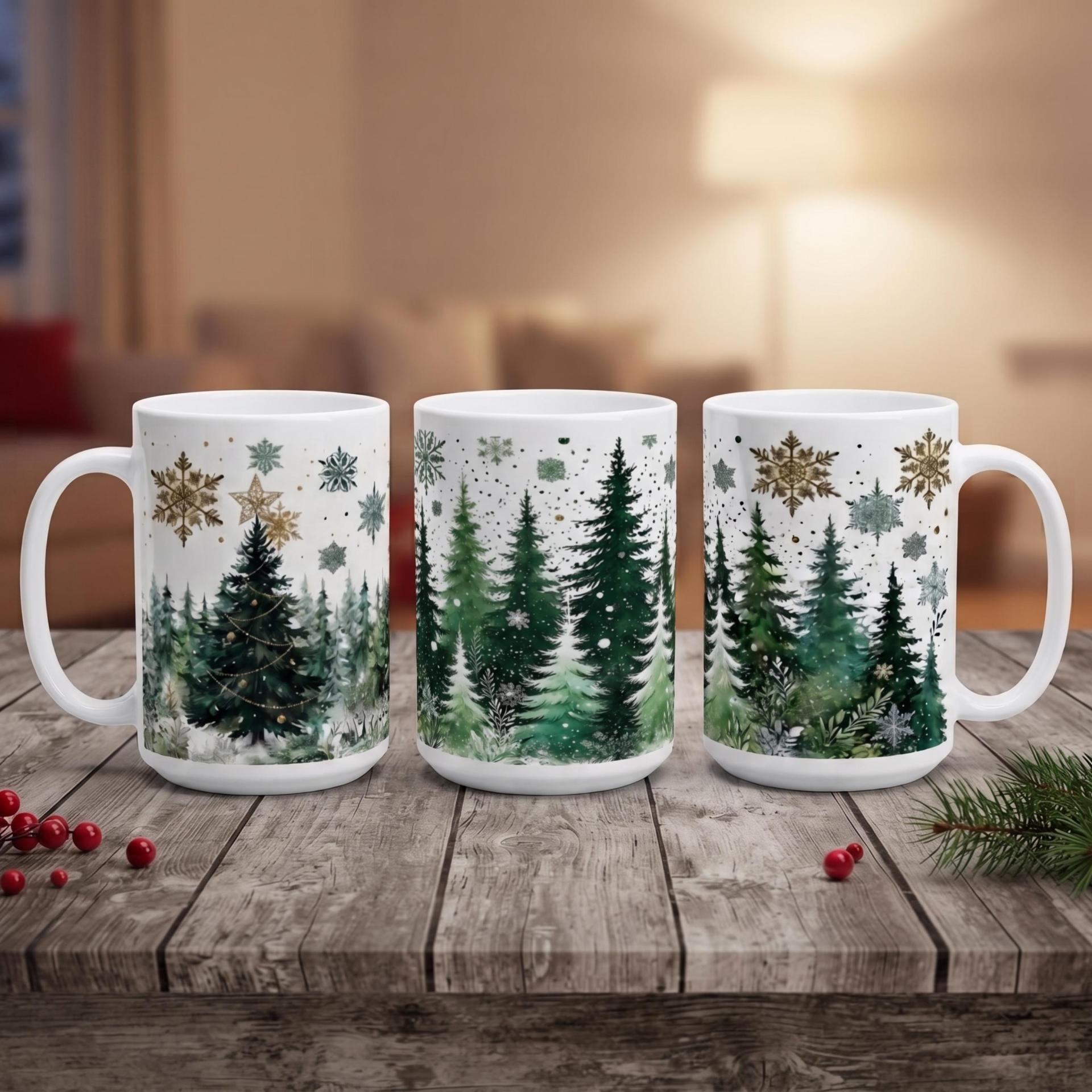 Set of Big Mugs, Christmas Trees Set, Large 15 oz Matching Cups