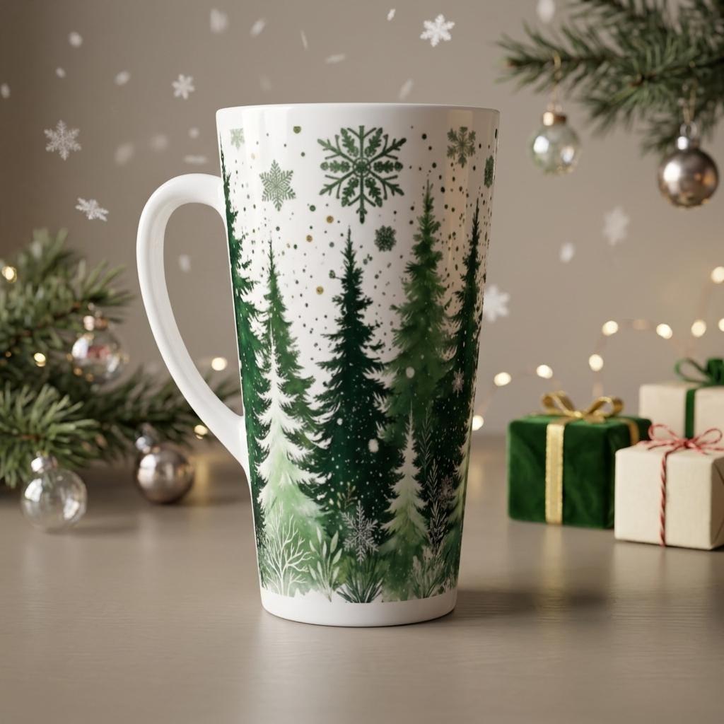 Set of 3 Cups, Christmas Trees, Large 17oz Latte Ceramic Mugs