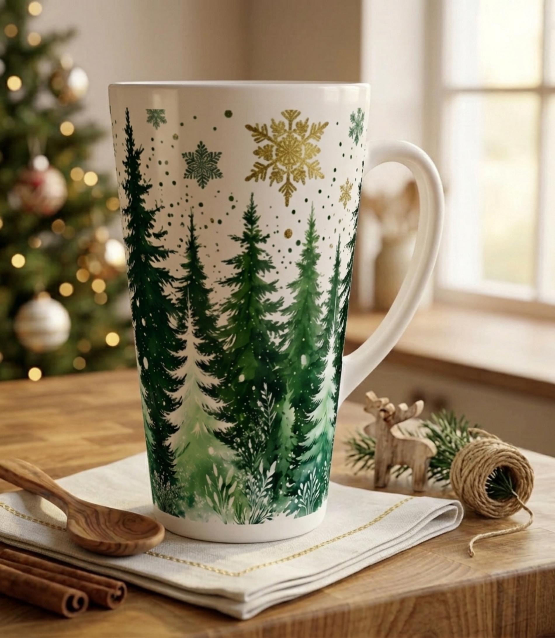 Set of 3 Cups, Christmas Trees, Large 17oz Latte Ceramic Mugs