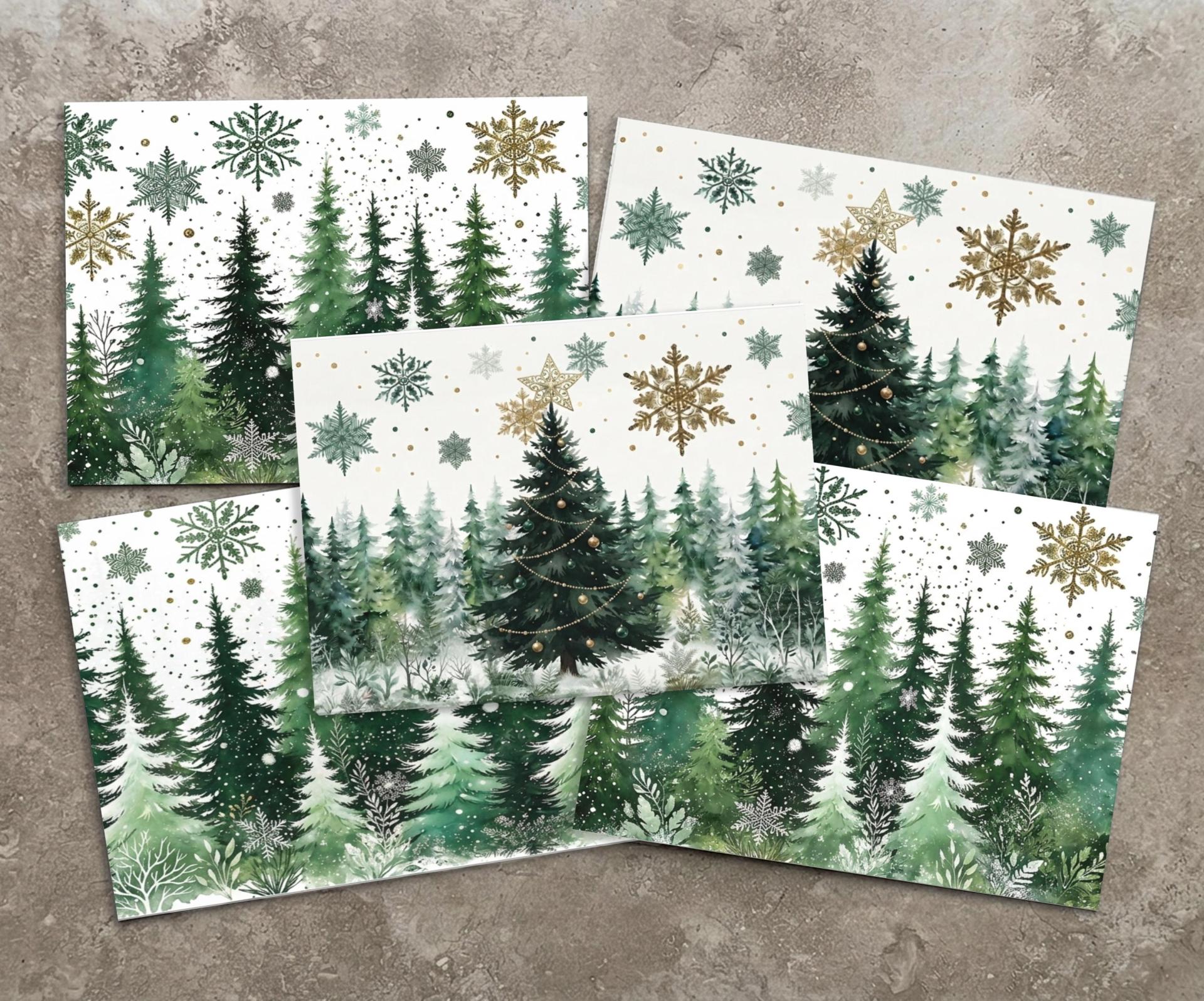 Holiday Greeting Cards, 3 Pack, Christmas Trees, Bulk Set of Gift Cards
