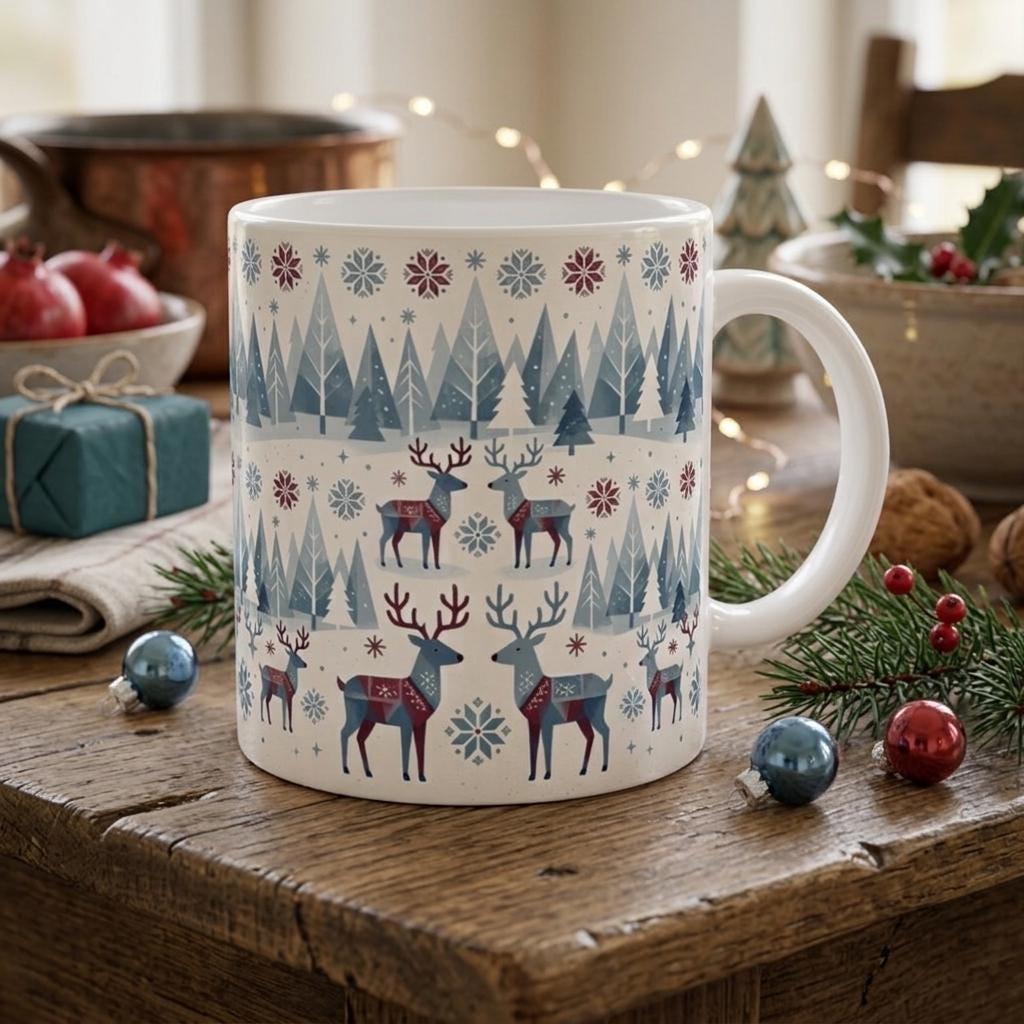 Christmas Mug, Reindeer, Large and Small Mug Set