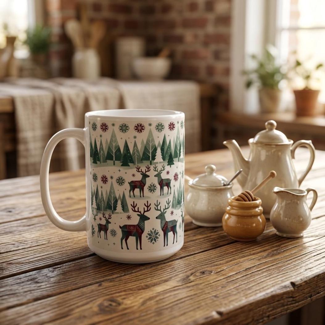 Christmas Mug, Reindeer, Large and Small Mug Set