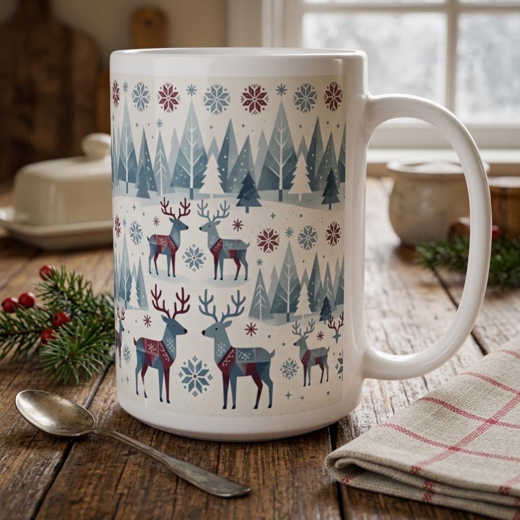 Set of Big Mugs, Christmas Mugs, Reindeer, Large 15 oz Matching Cups