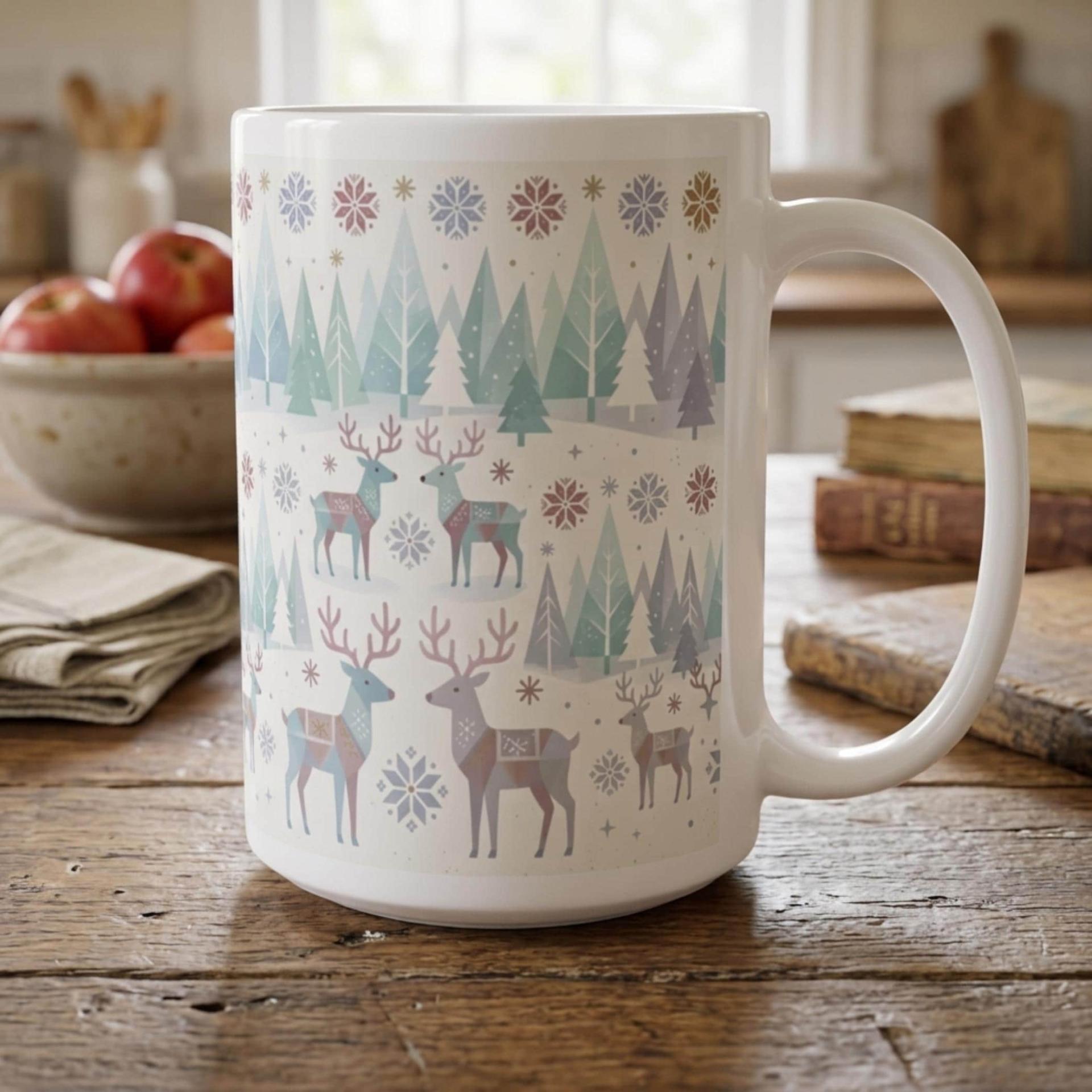 Set of Big Mugs, Christmas Mugs, Reindeer, Large 15 oz Matching Cups