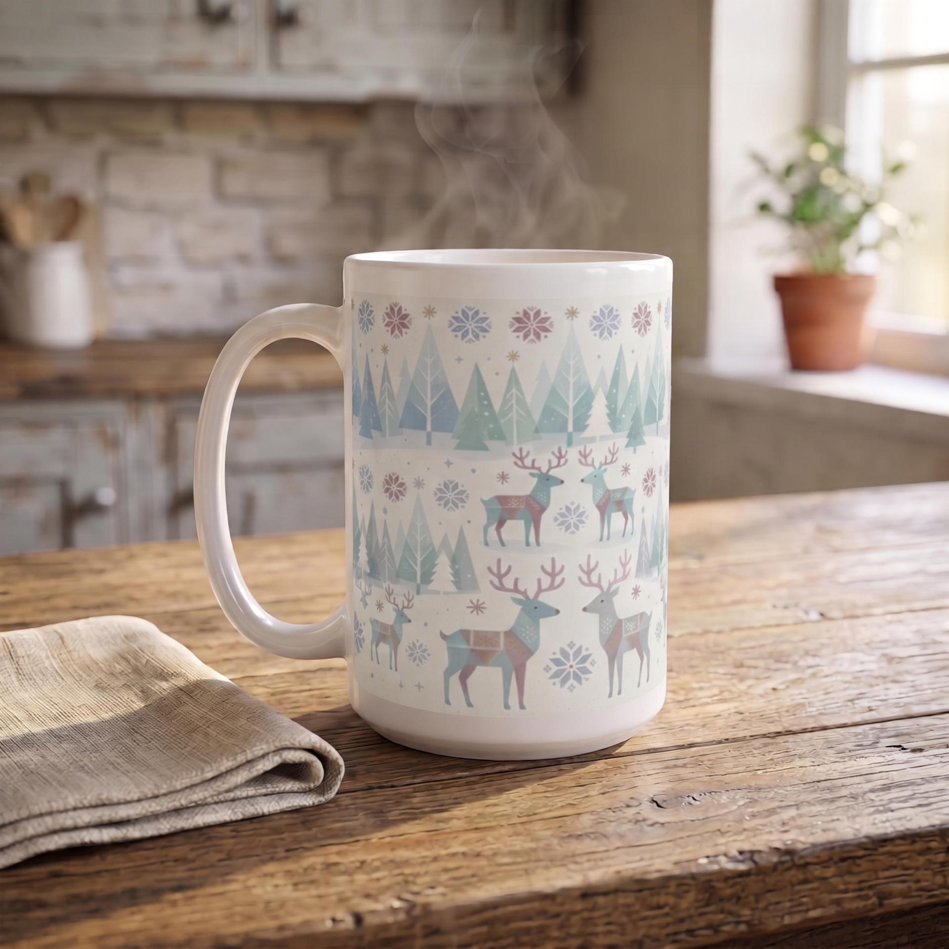 Set of Big Mugs, Christmas Mugs, Reindeer, Large 15 oz Matching Cups