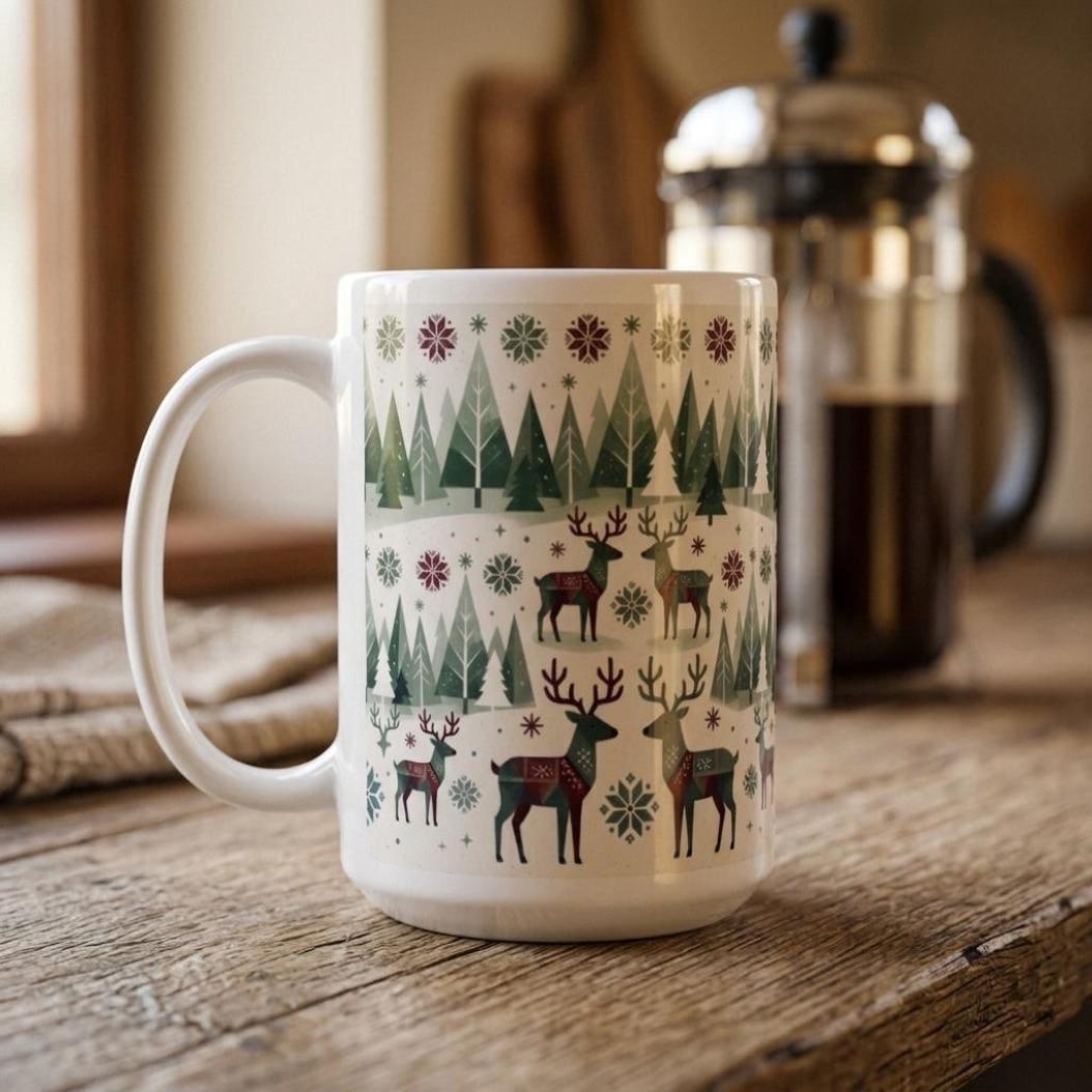 Set of Big Mugs, Christmas Mugs, Reindeer, Large 15 oz Matching Cups