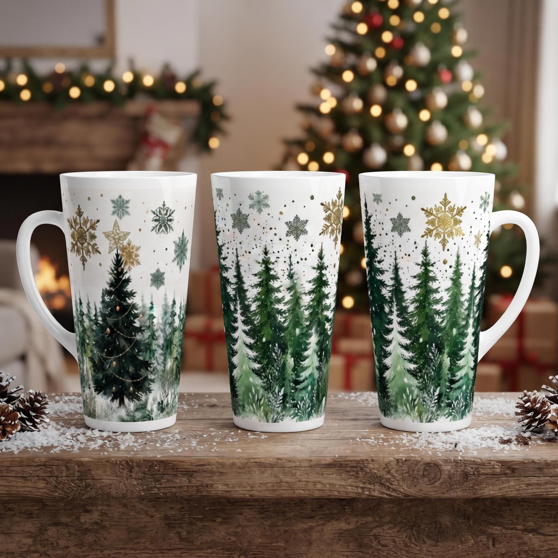 Set of 3 Cups, Christmas Trees, Large 17oz Latte Ceramic Mugs