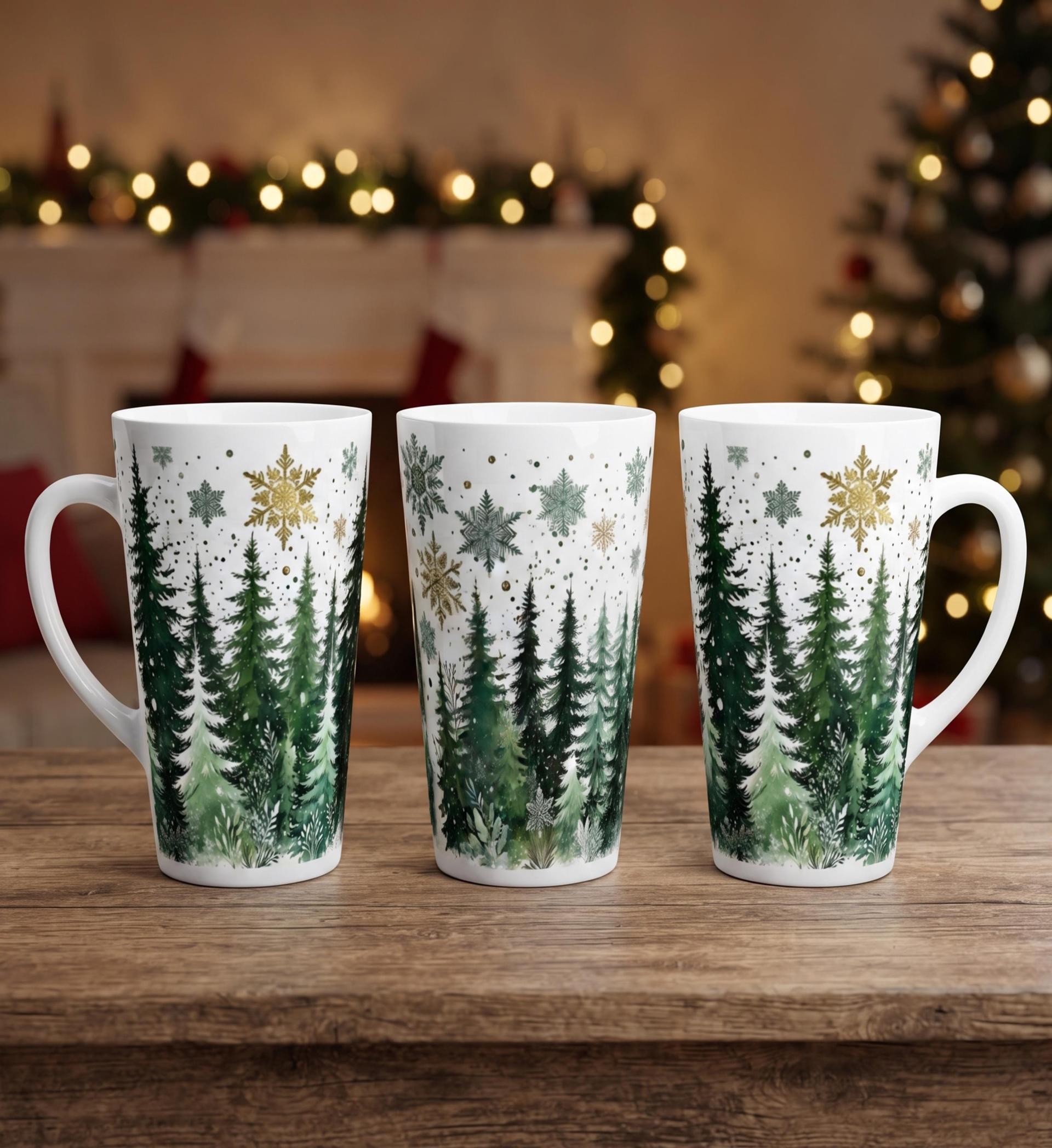 Set of 3 Cups, Christmas Trees, Large 17oz Latte Ceramic Mugs