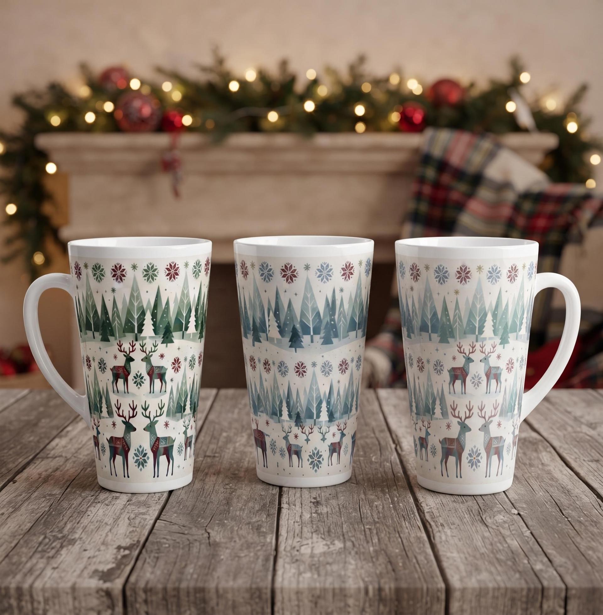 Set of 3 Cups, Christmas Mugs, Reindeer, Large 17oz Latte Mugs