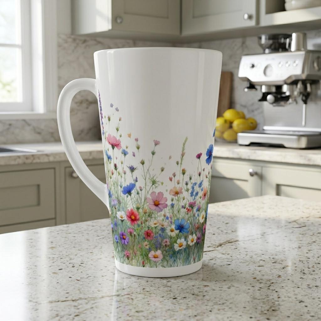Set of 3 Cups, Floral, Large 17oz Latte Ceramic Mugs - Extra Tall Cup Set