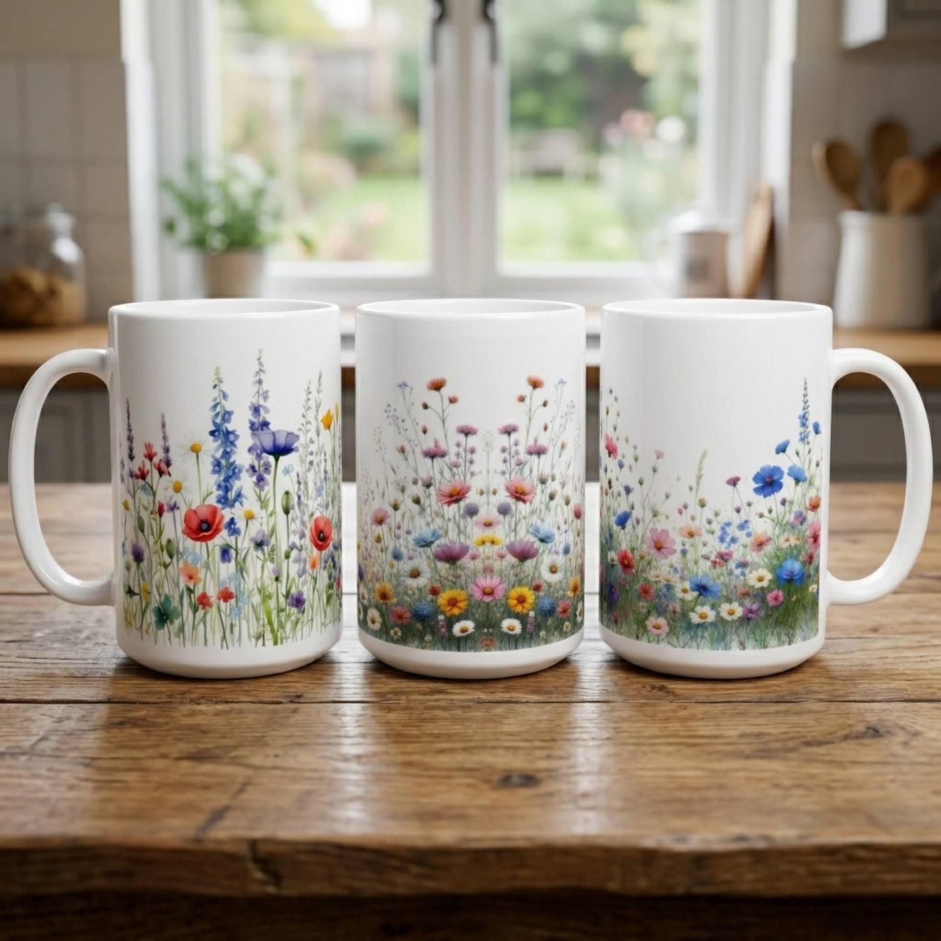 Set of Big Mugs, Floral Cup Set, Large 15 oz Matching Cups