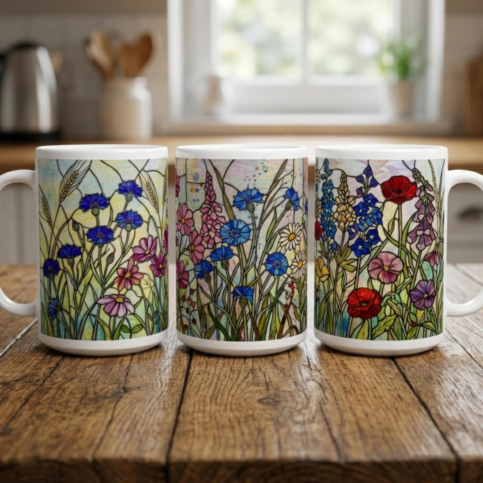 Set of Big Mugs, Floral Cup Set, Large 15 oz Matching Cups