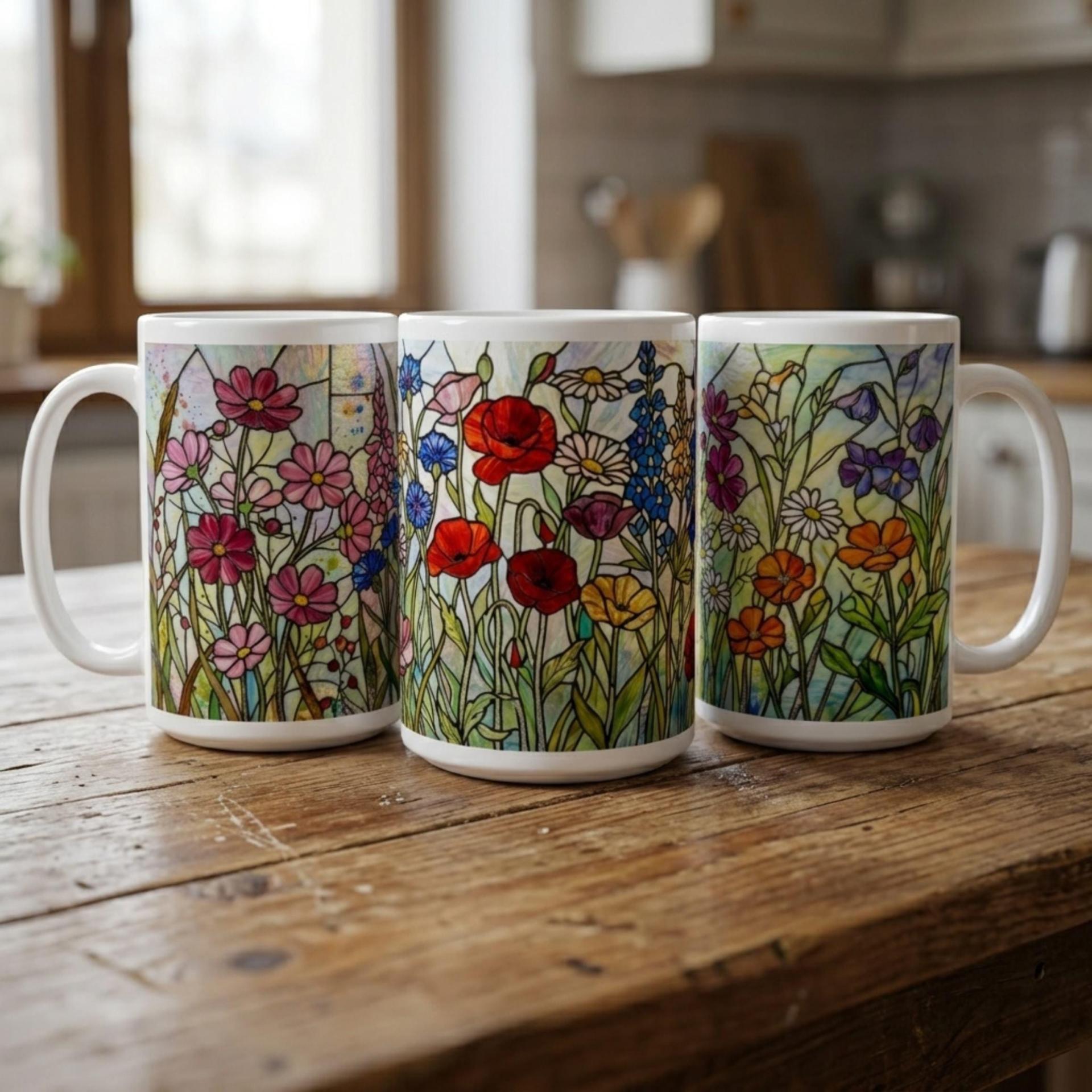 Set of Big Mugs, Floral Cup Set, Large 15 oz Matching Cups