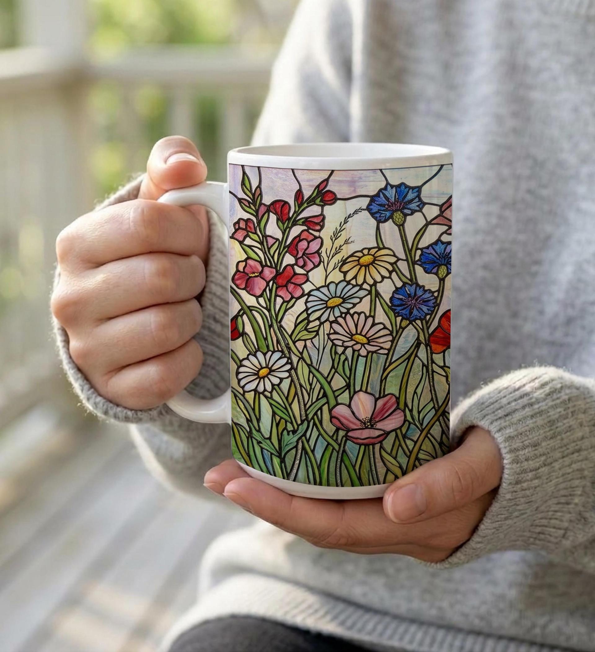 Set of Big Mugs, Floral Cup Set, Large 15 oz Matching Cups