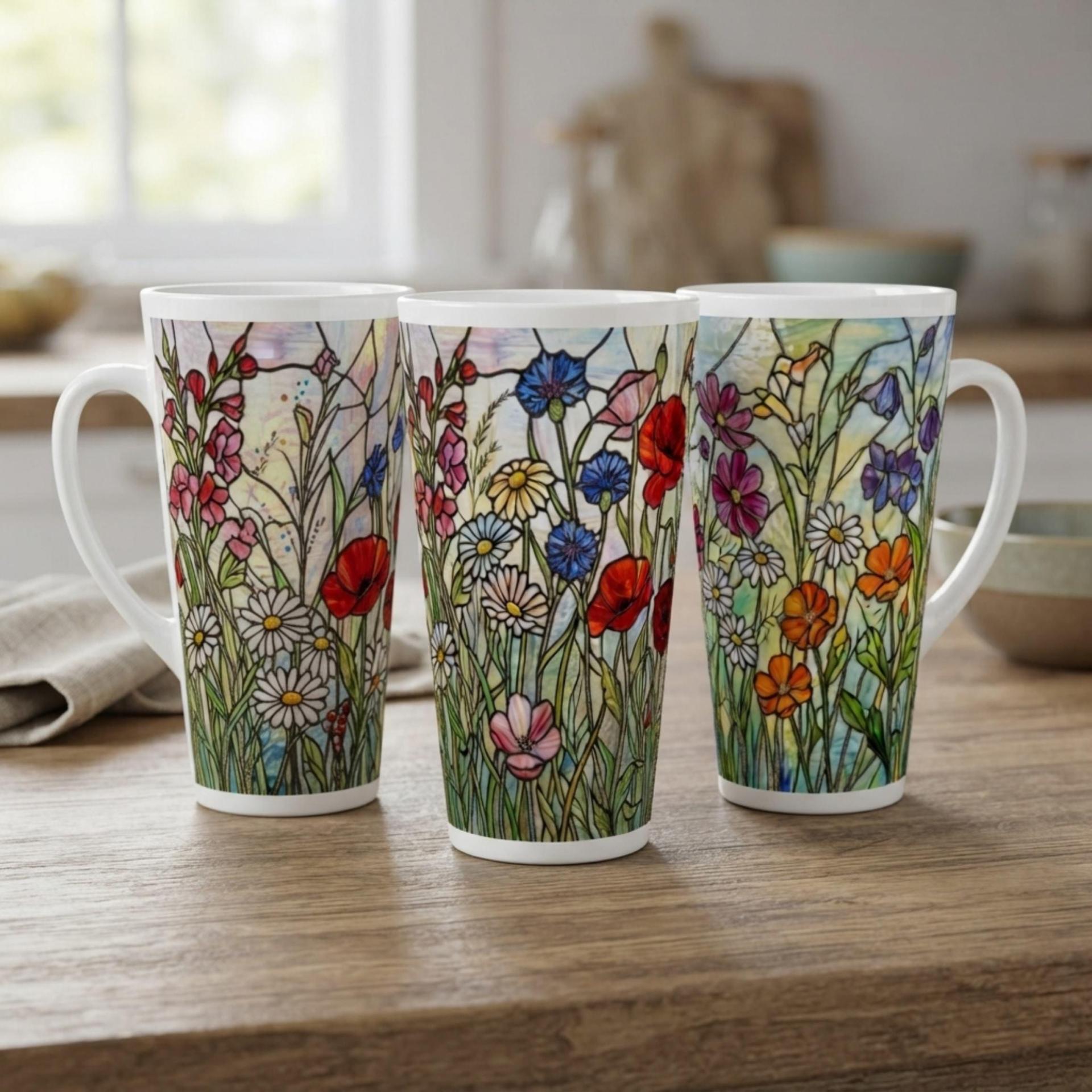 Set of 3 Cups, Floral, Large 17oz Latte Ceramic Mugs - Extra Tall Cup Set