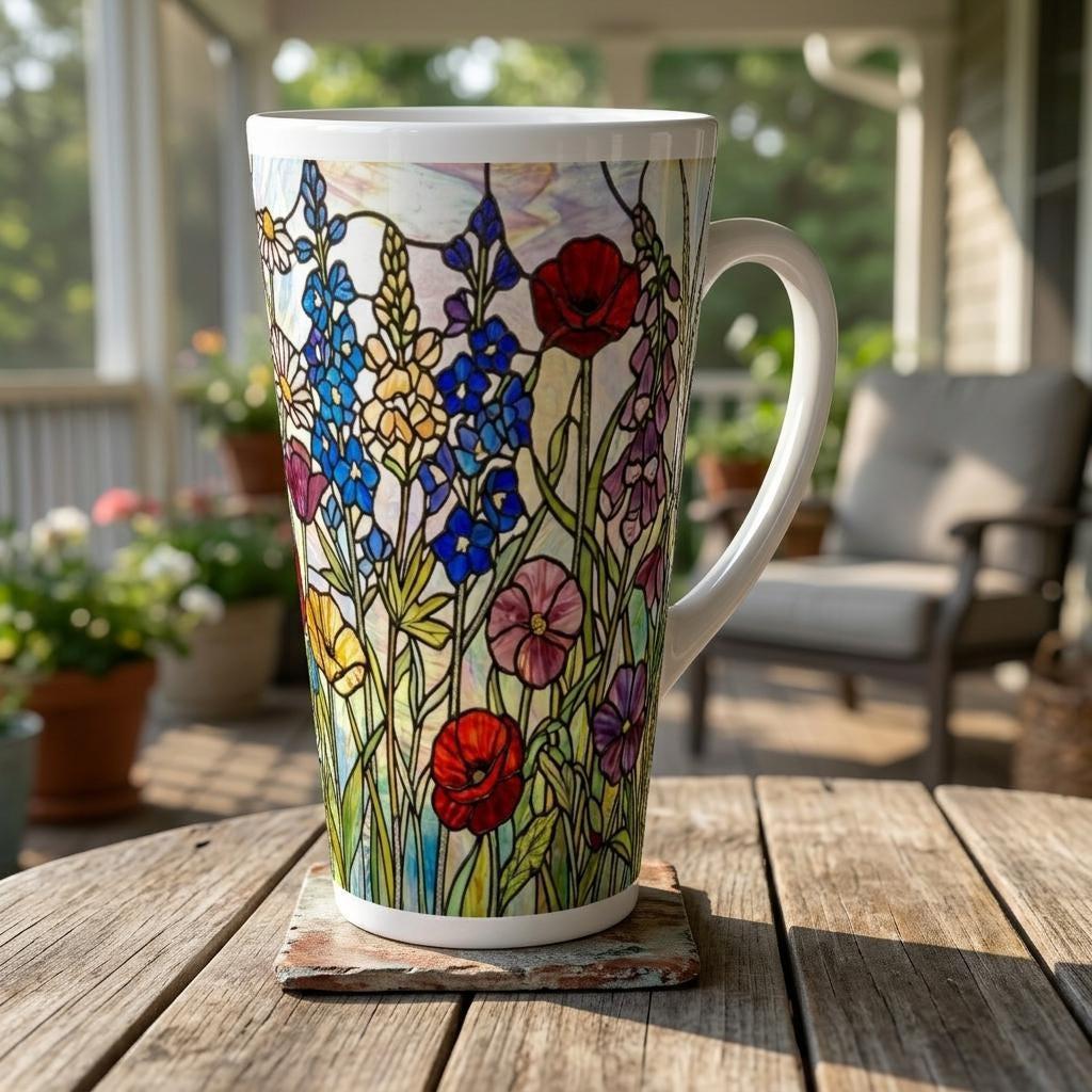 Set of 3 Cups, Floral, Large 17oz Latte Ceramic Mugs - Extra Tall Cup Set