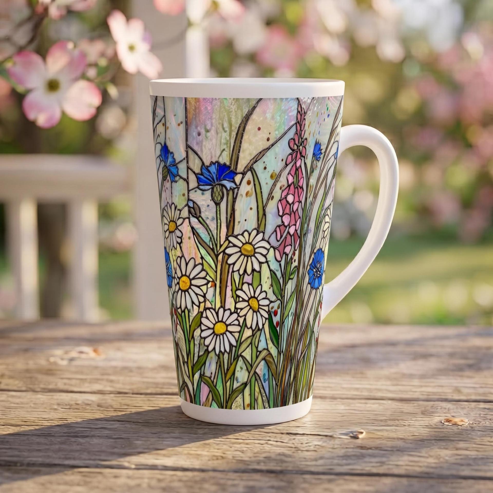 Set of 3 Cups, Floral, Large 17oz Latte Ceramic Mugs - Extra Tall Cup Set