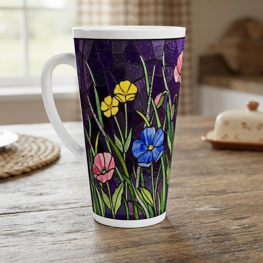 Set of 3 Cups, Floral, Large 17oz Latte Ceramic Mugs - Extra Tall Cup Set