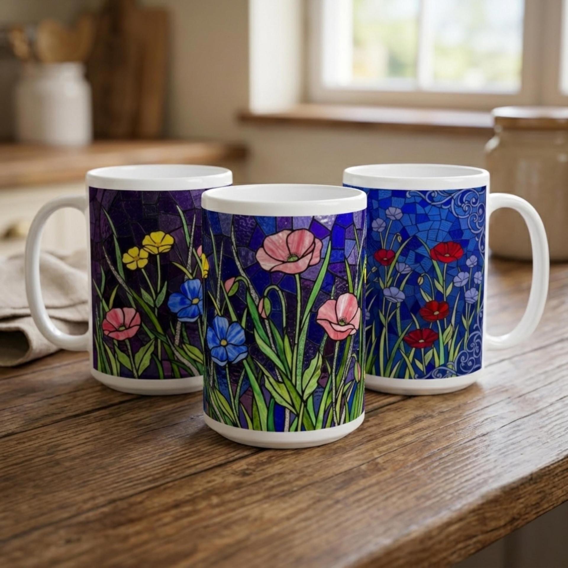 Set of Big Mugs, Floral Cup Set, Large 15 oz Matching Cups