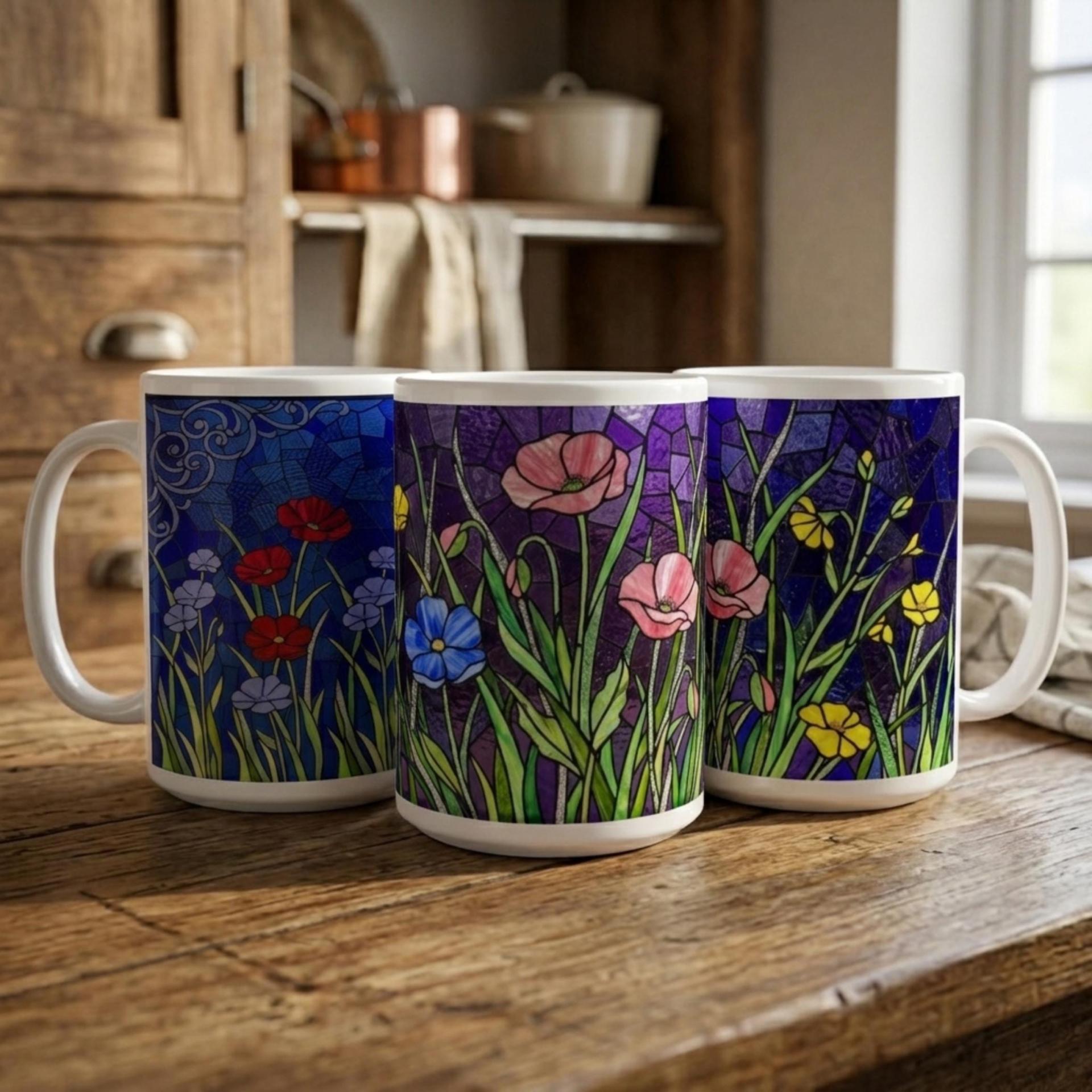 Set of Big Mugs, Floral Cup Set, Large 15 oz Matching Cups