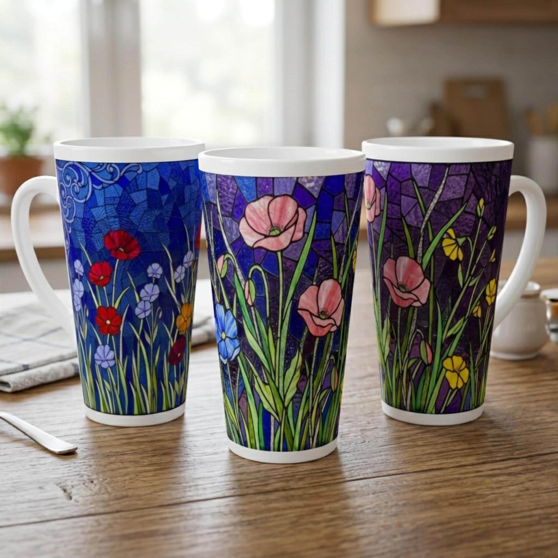 Set of 3 Cups, Floral, Large 17oz Latte Ceramic Mugs - Extra Tall Cup Set