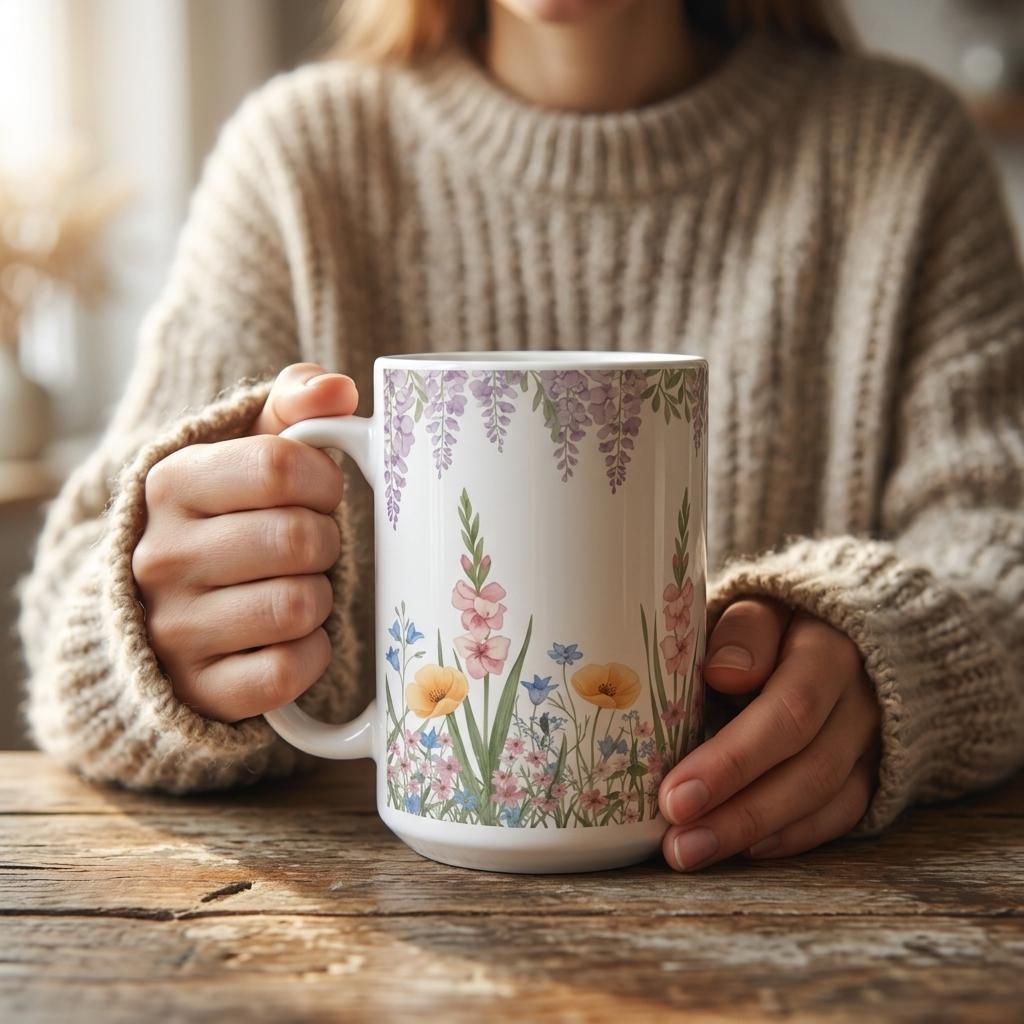 Large and Small Mugs - Floral - 11oz and 15oz Ceramic Cup Set